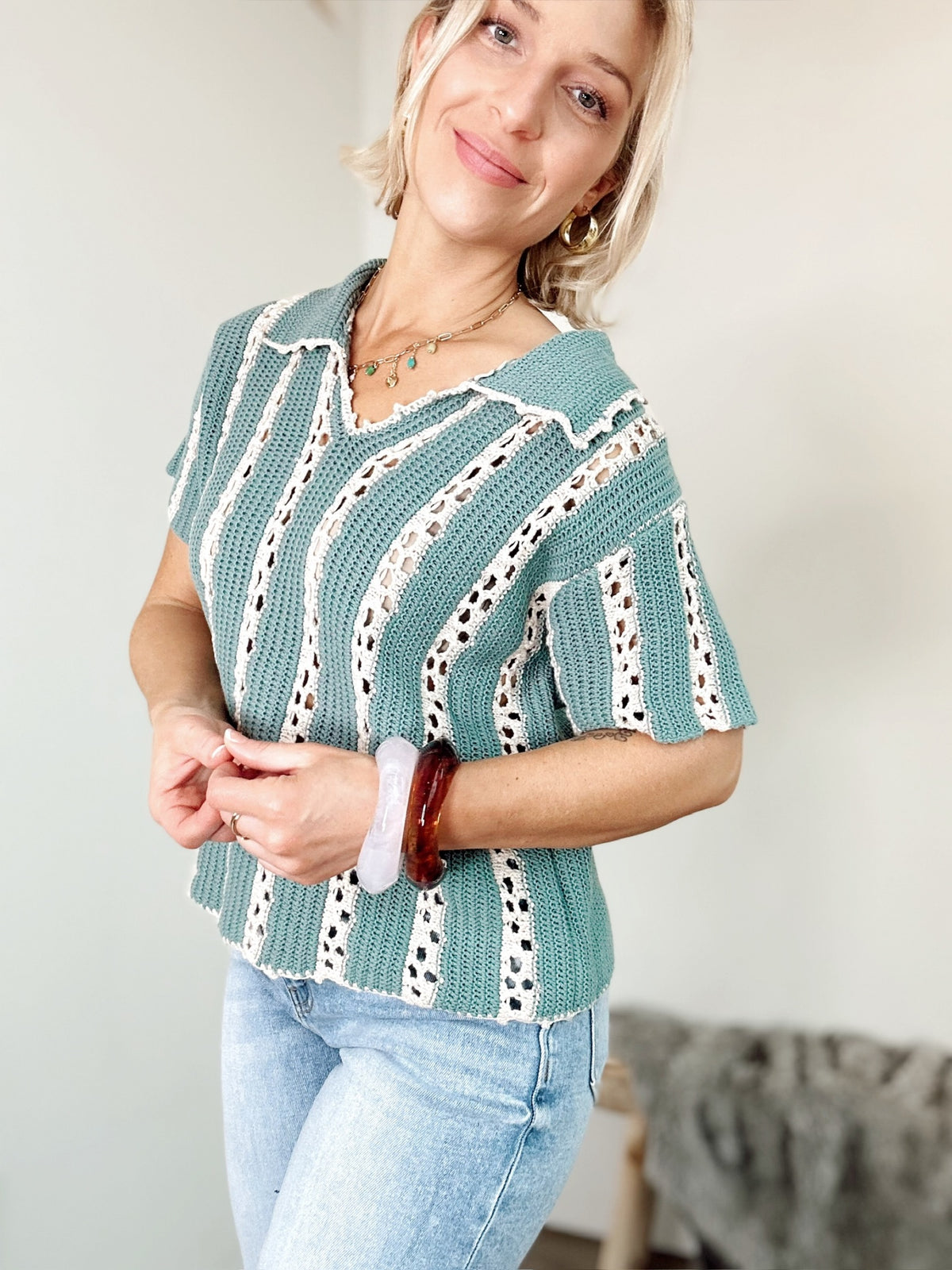 Talia Crochet Knit Top Jade