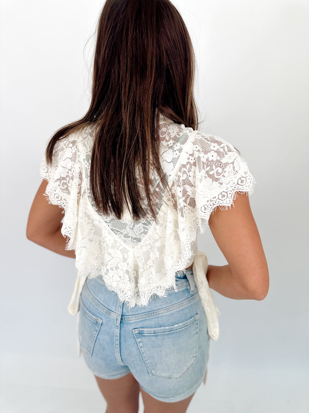 Erin Sheer Floral Lace Ruffle Cropped Blouse