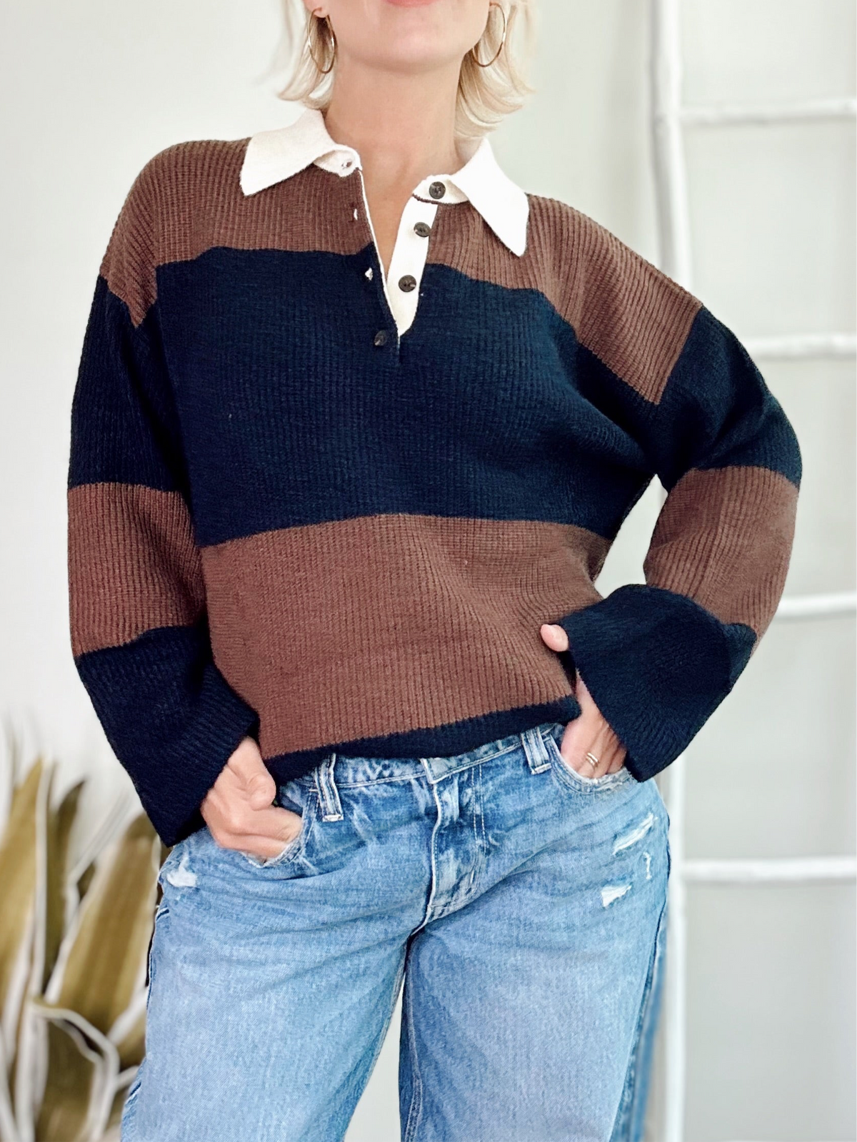 Maddy Wide Stripe Polo Sweater Navy