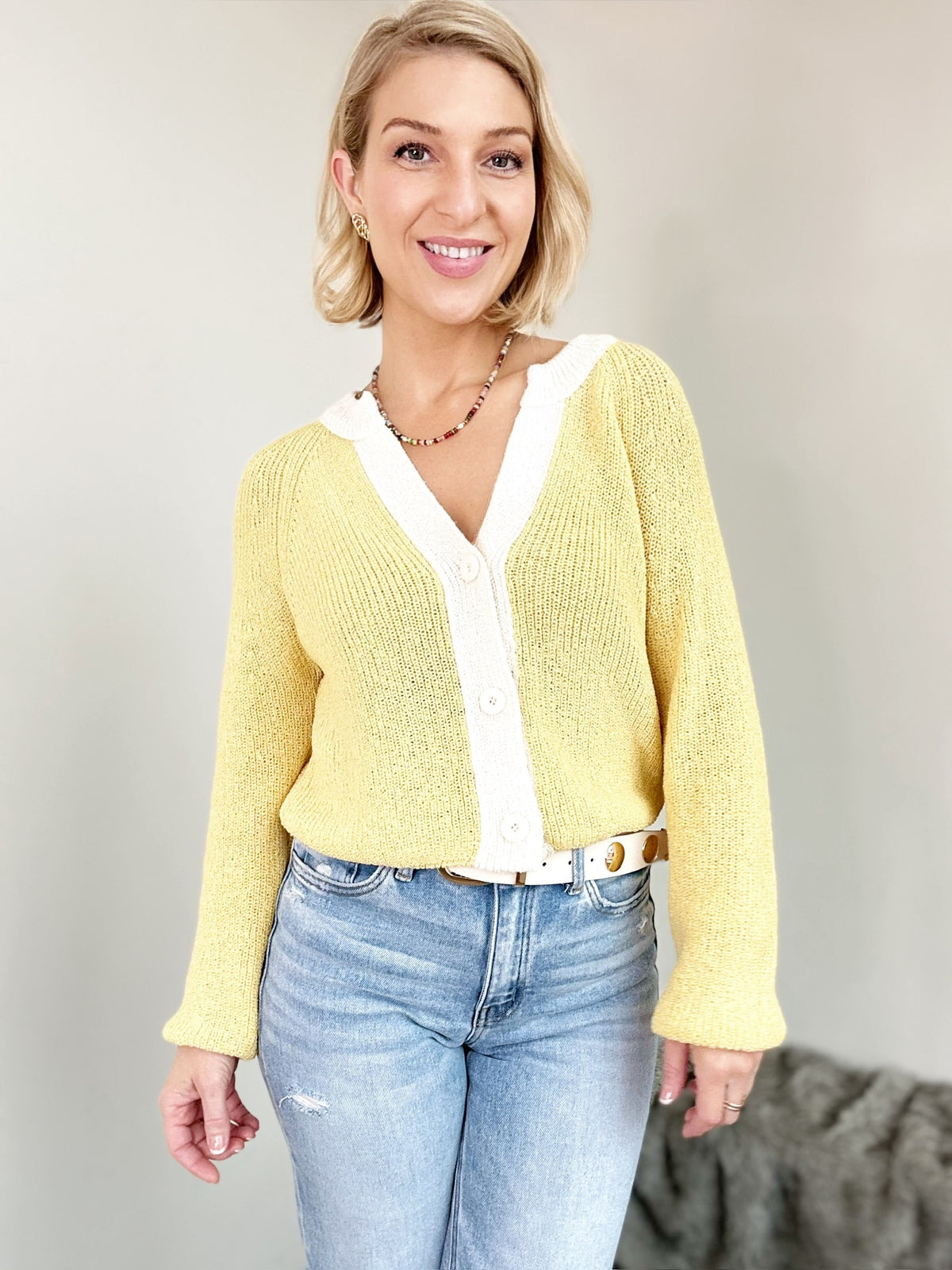 Lexie Contrast Cardigan Sweater Butter Yellow