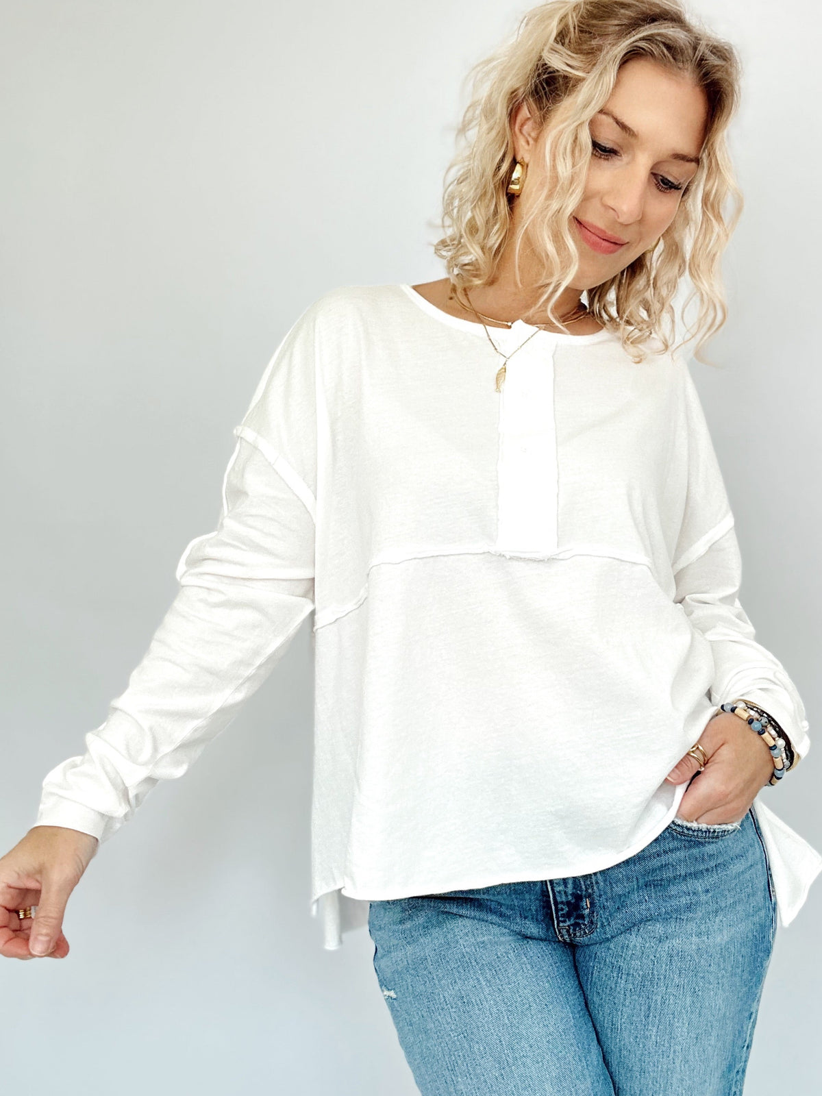 Nadia Oversized Henley Top White