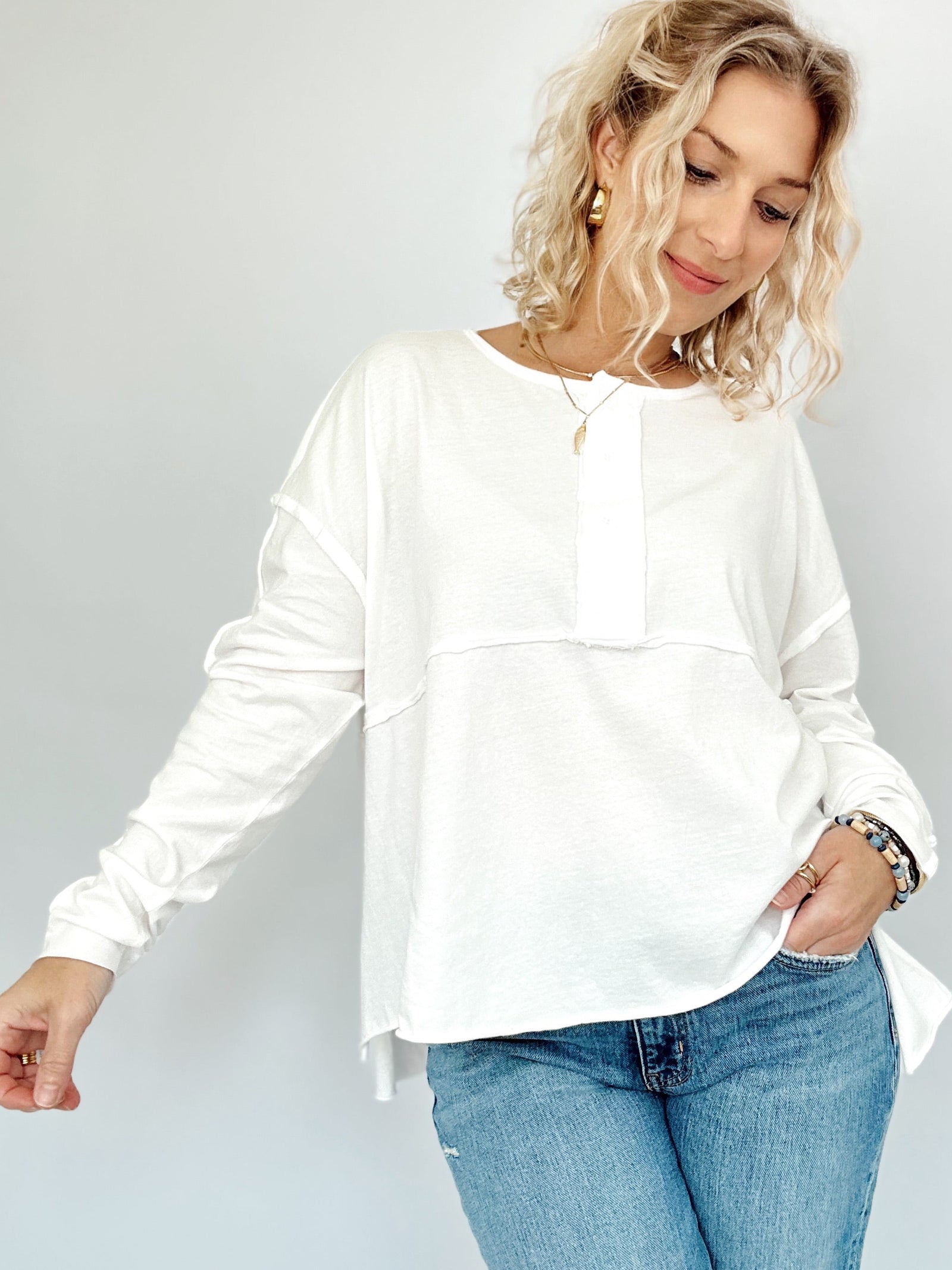 Nadia Oversized Henley Top White
