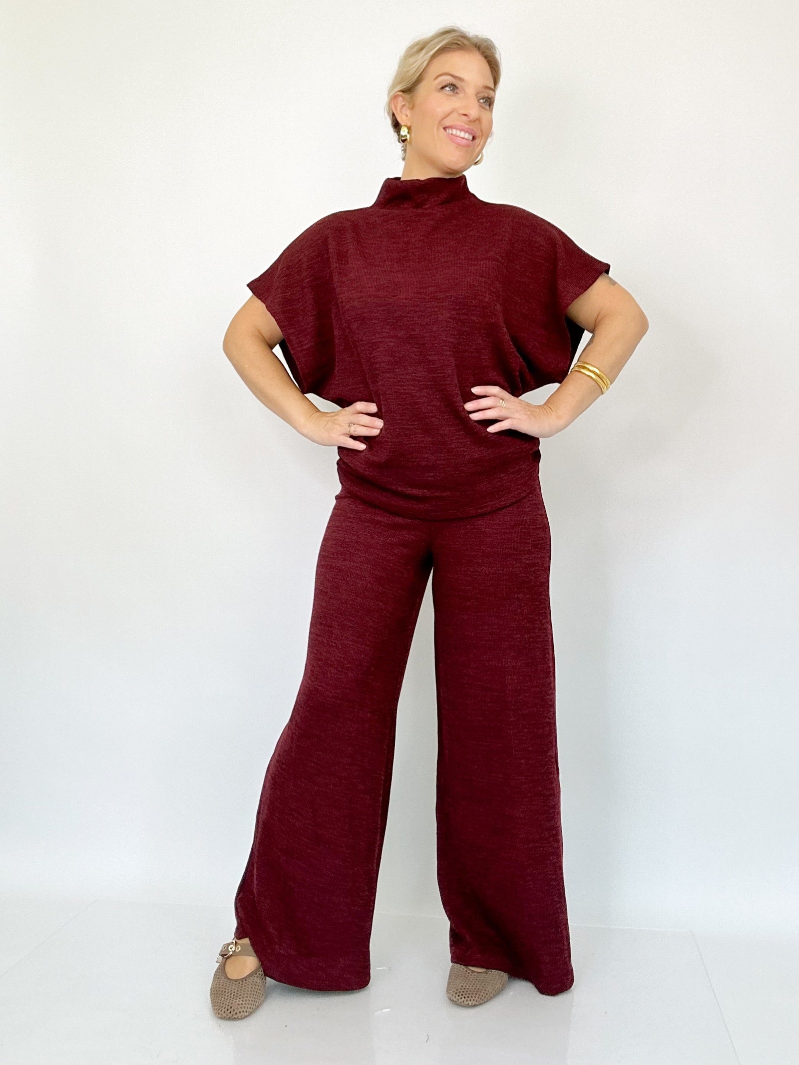 Evie Dolman Sleeve Top & Pants Set Burgundy