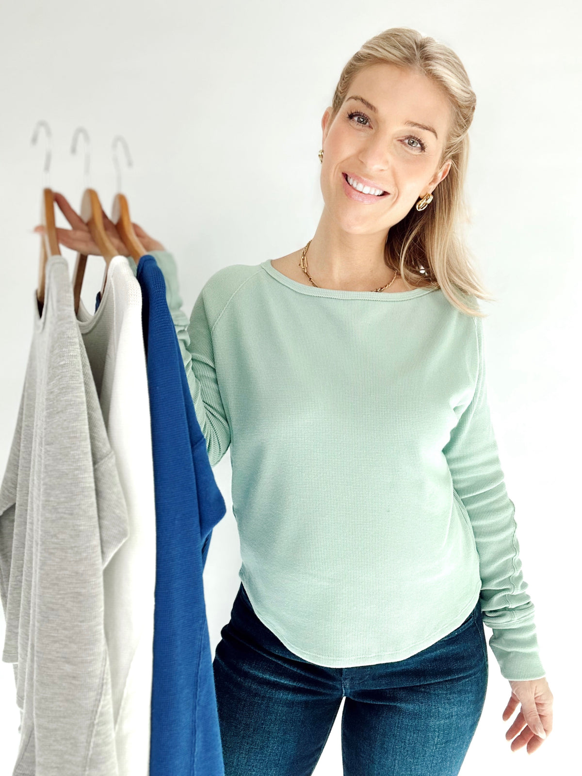 Mindy Thermal Knit Long Sleeve Top Aqua Blue