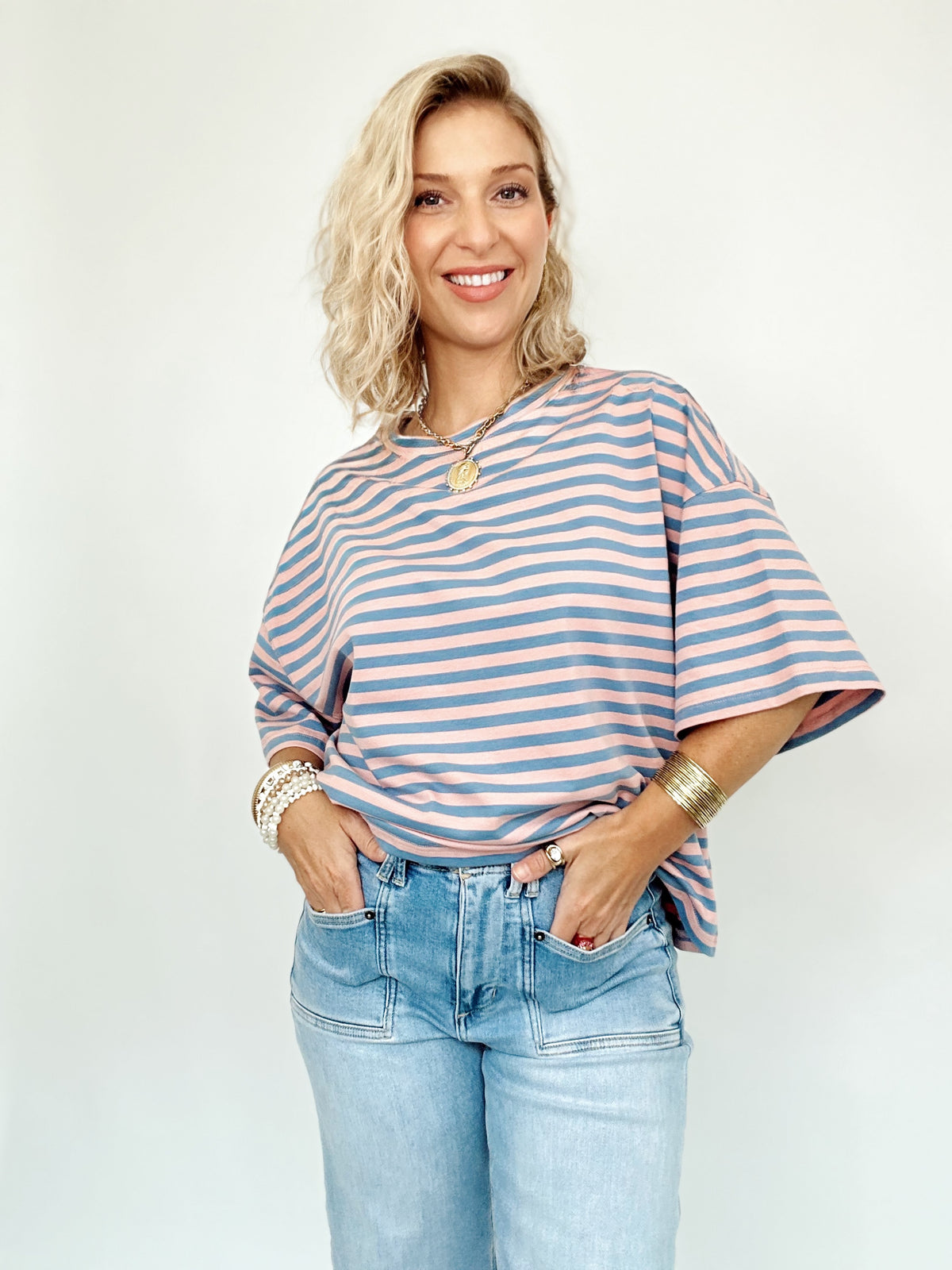 Vivian Stripe Oversized Boyfriend Tee Rose