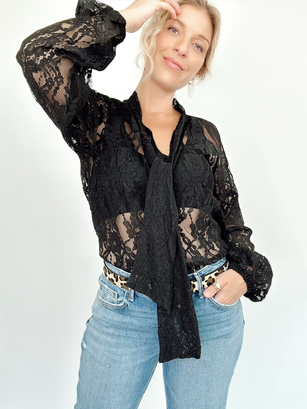 Juliet Sheer Lace Tie Neck Blouse Black