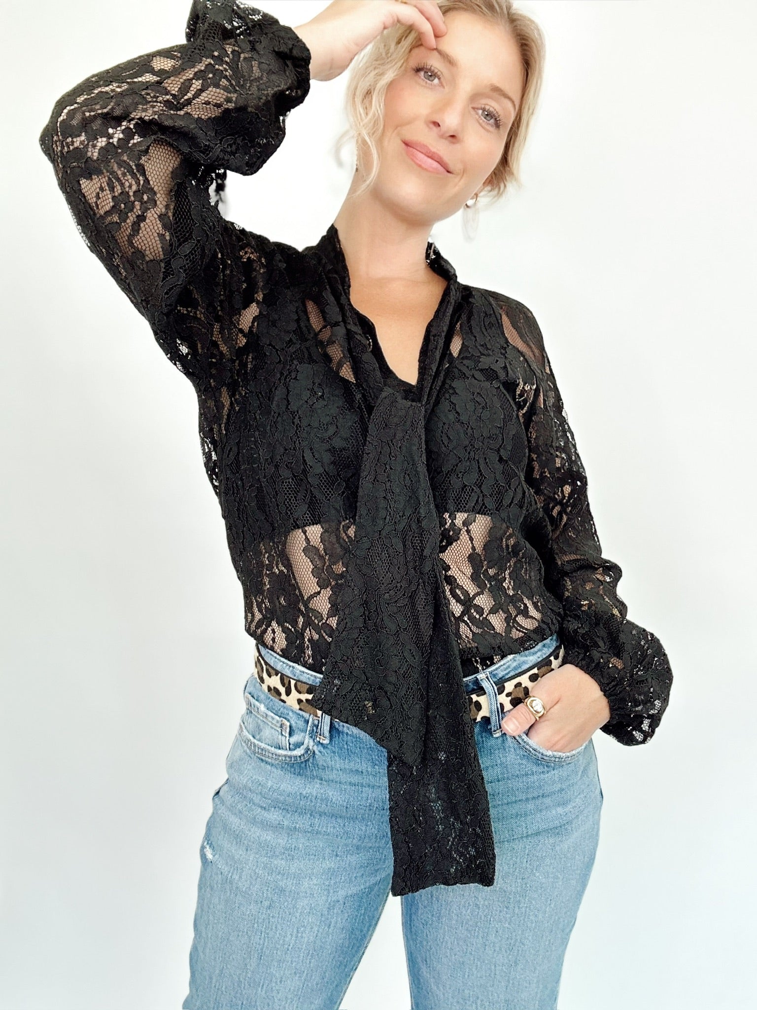 Juliet Sheer Lace Tie Neck Blouse Black