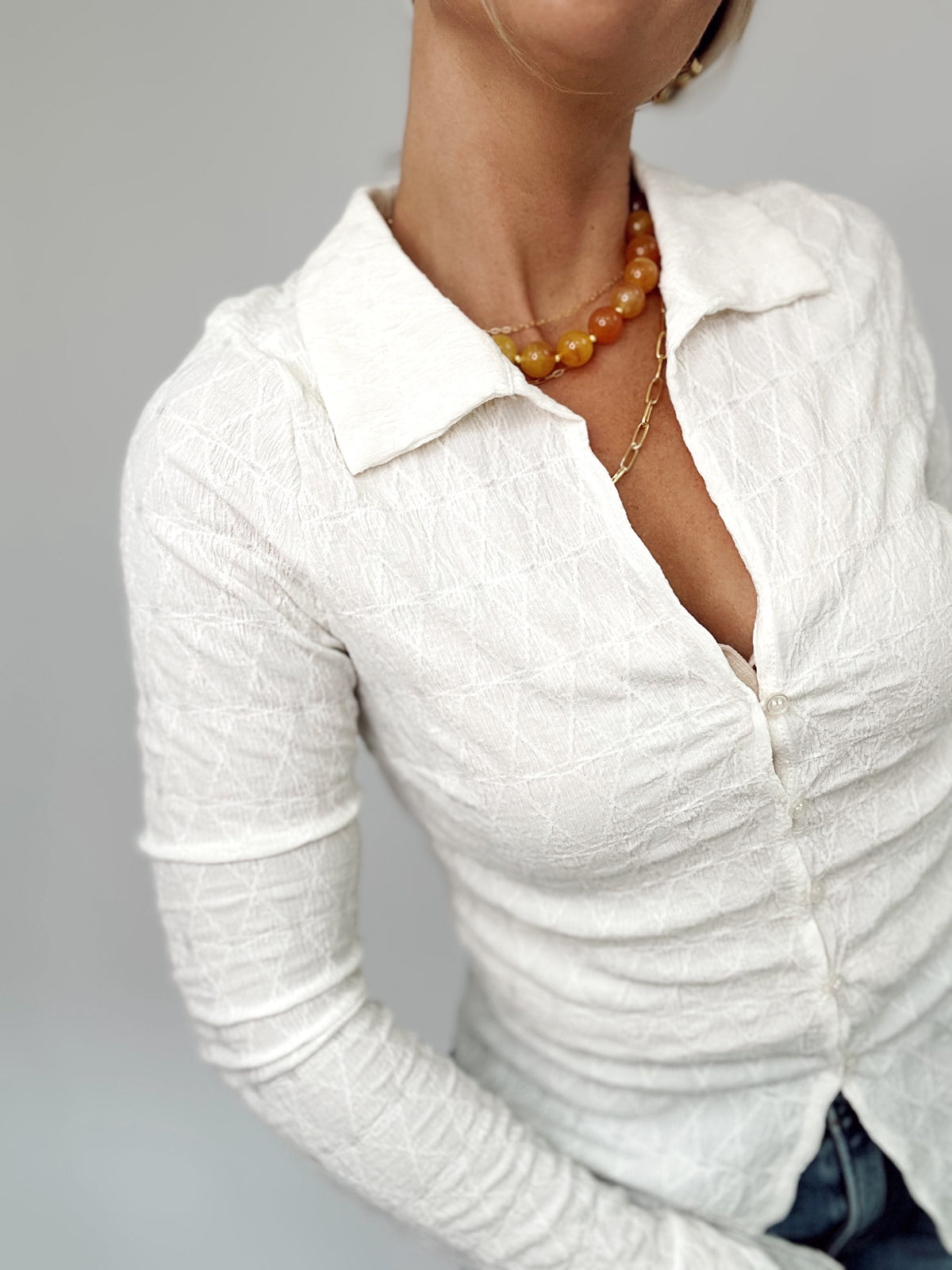 Paula Textured Button Up Collared Top Ivory