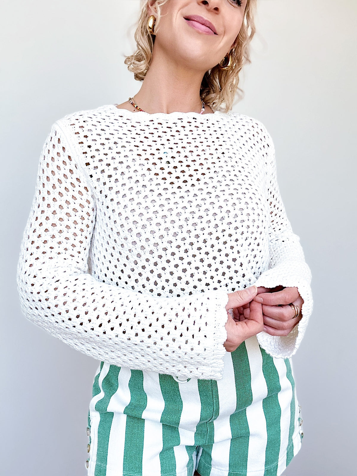 Hadley Crochet Open Knit Sweater Off White