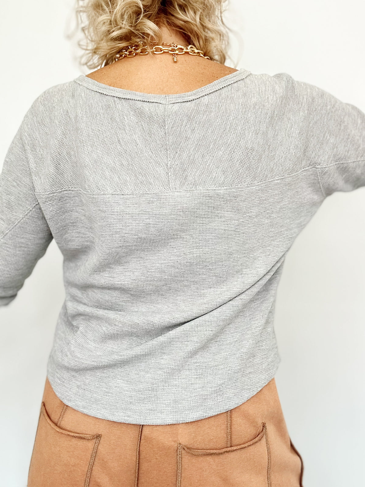Mindy Thermal Knit Long Sleeve Top Heather Gray