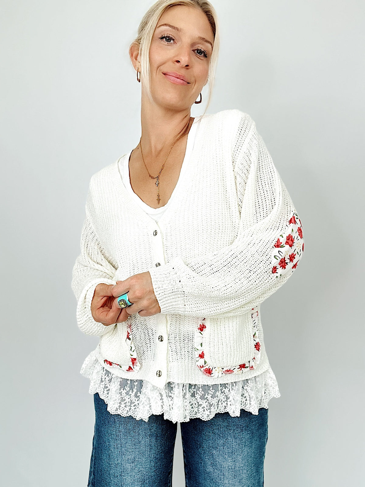 Donna Floral Ruffle Sweater Cardigan Ivory