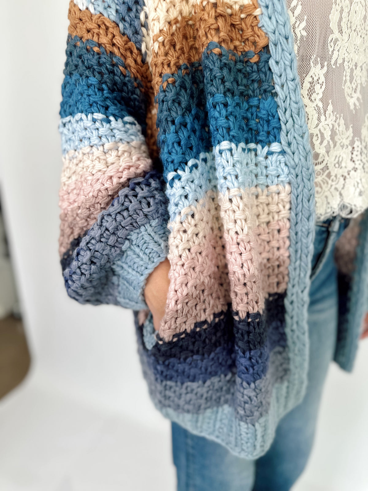 Rana Rainbow Crochet Cardigan Slate Blue