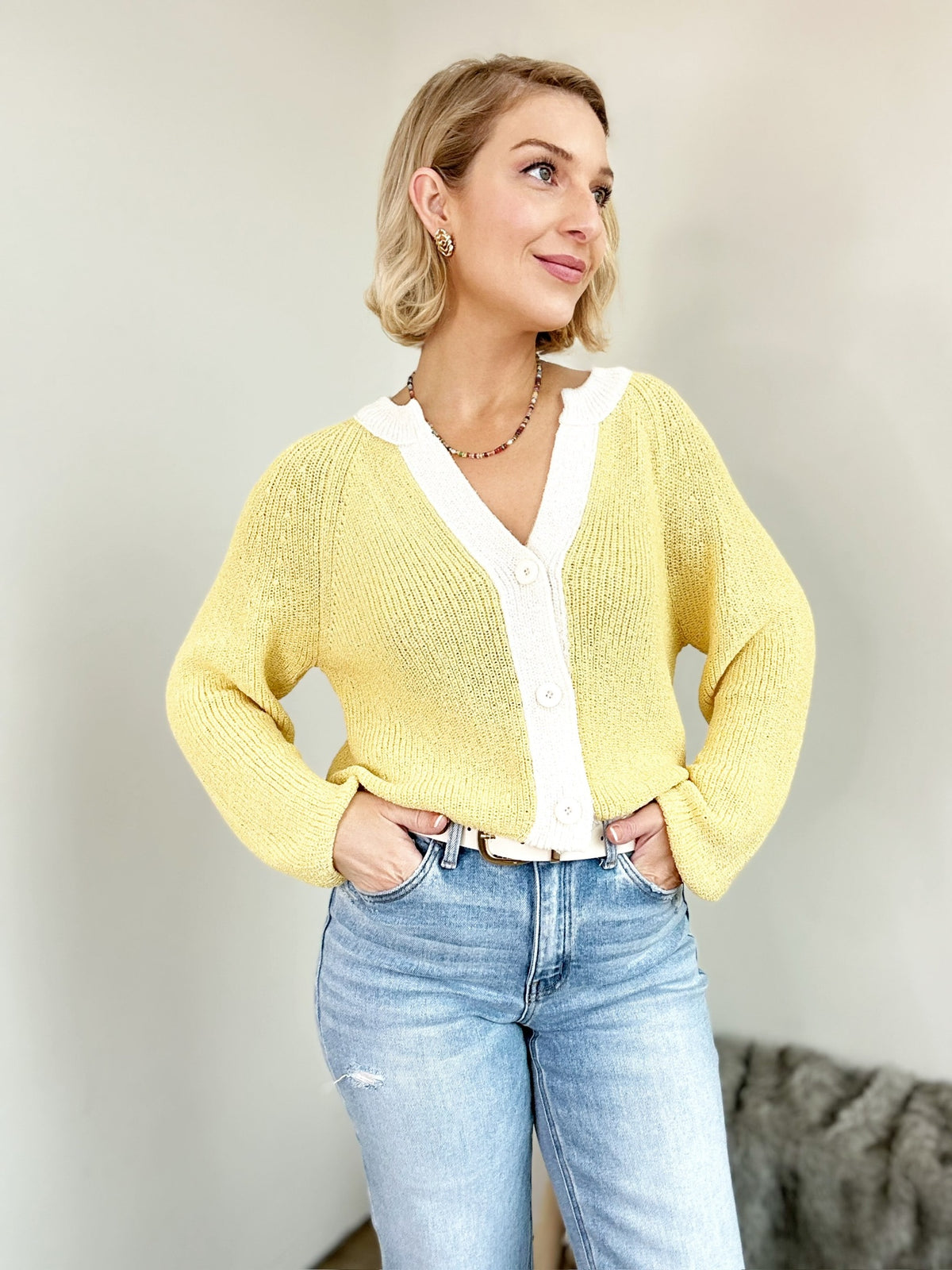Lexie Contrast Cardigan Sweater Butter Yellow