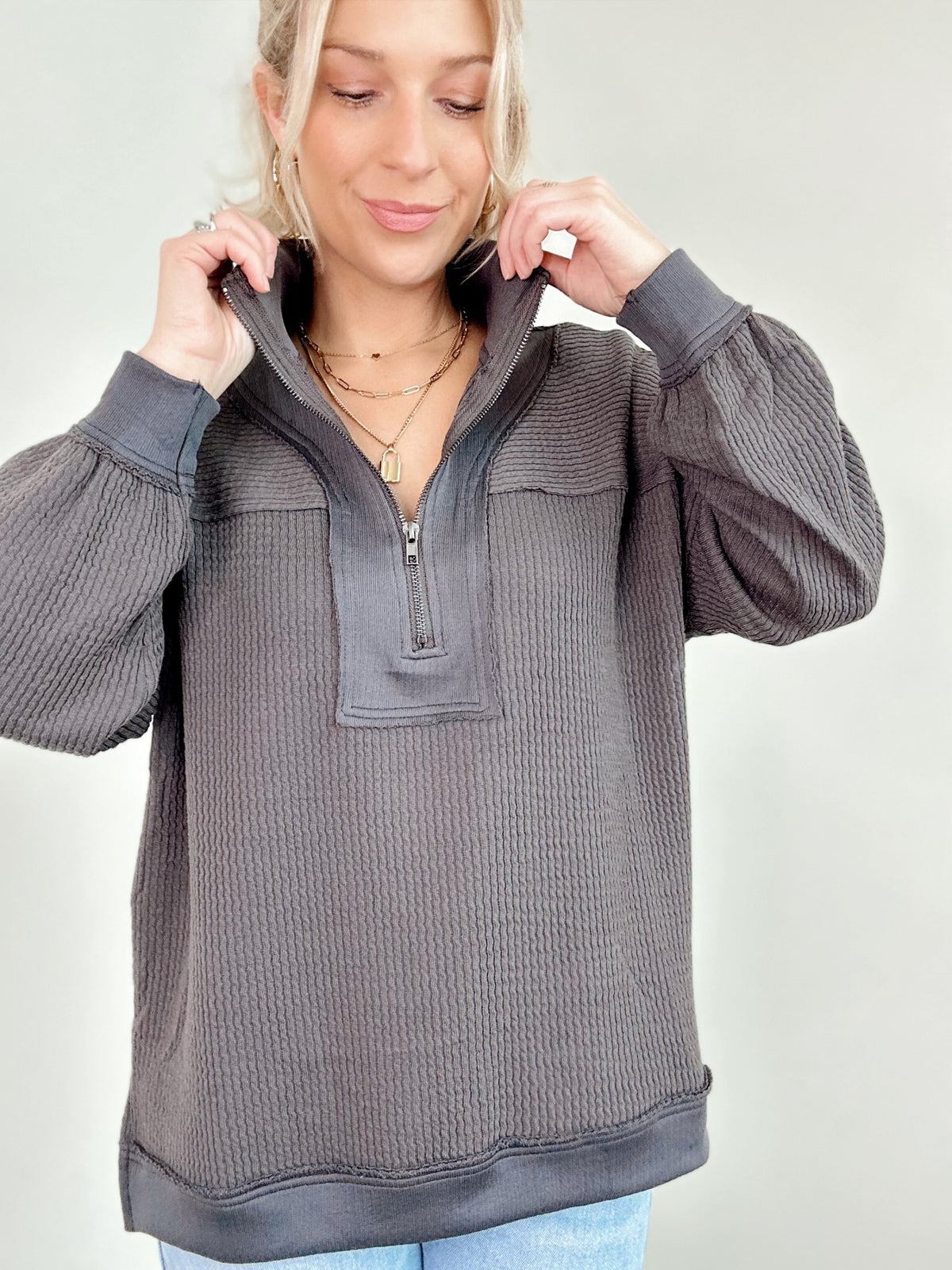 Joanna Half Zip Waffle Knit Top Charcoal