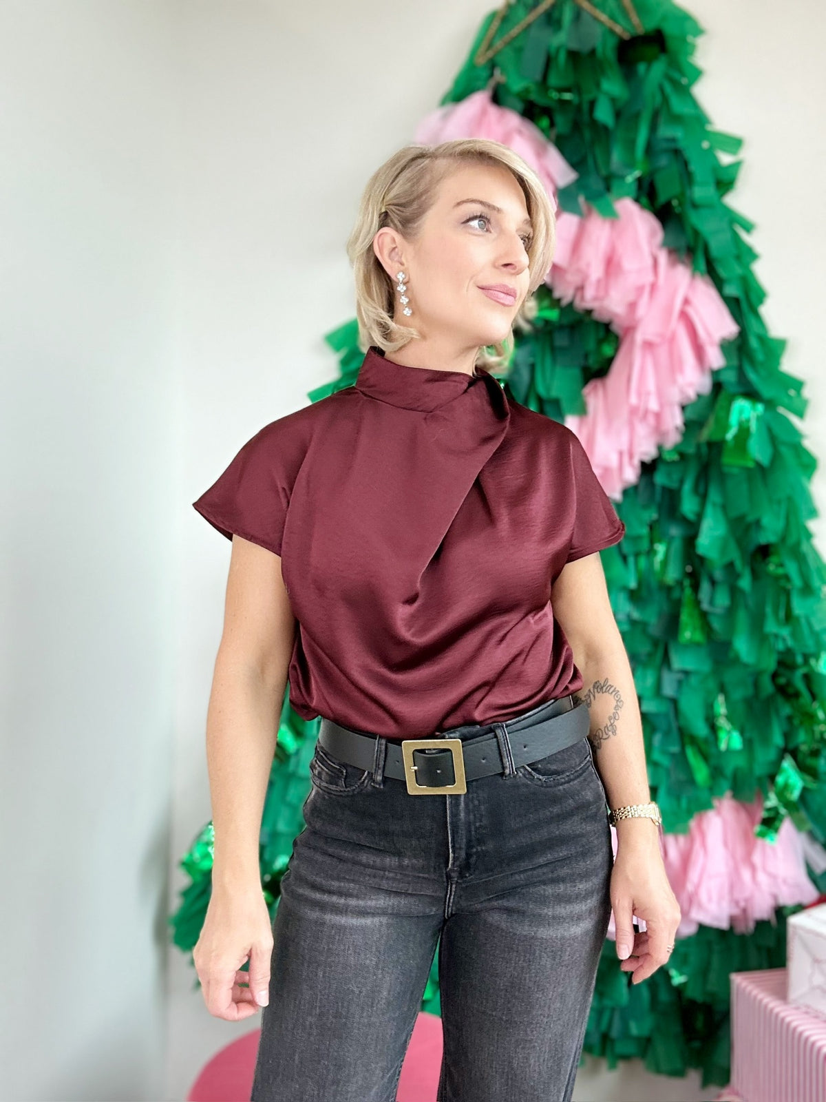 Whitlee Cross Mock Neck Top Wine