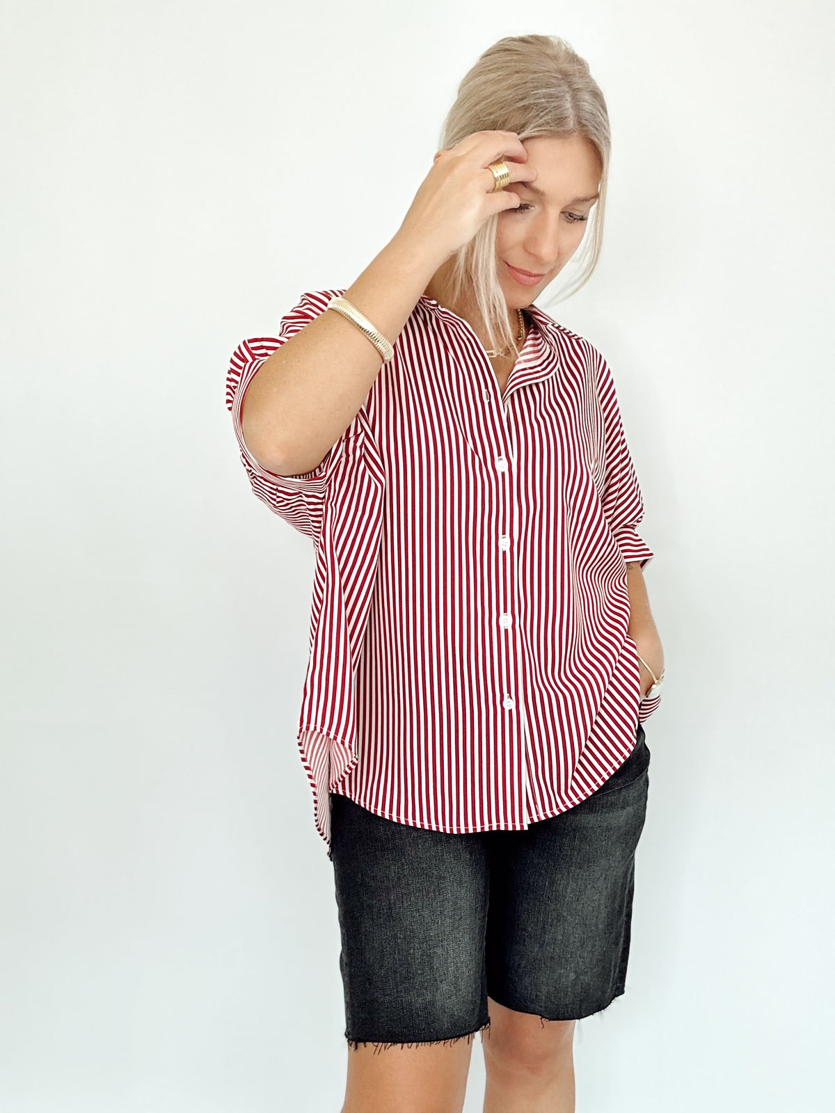Ellen Button Down Stripe Shirt Red