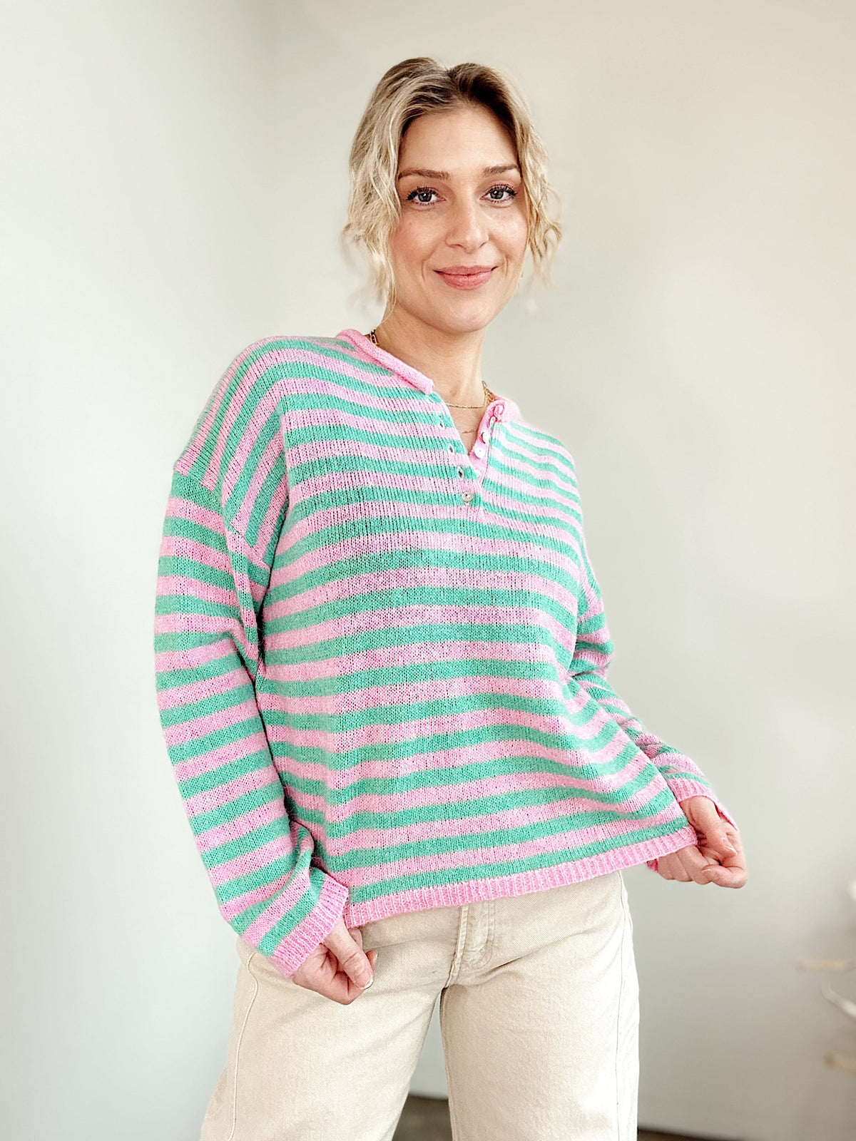 Rue Stripe Half Button Sweater Pink/Mint