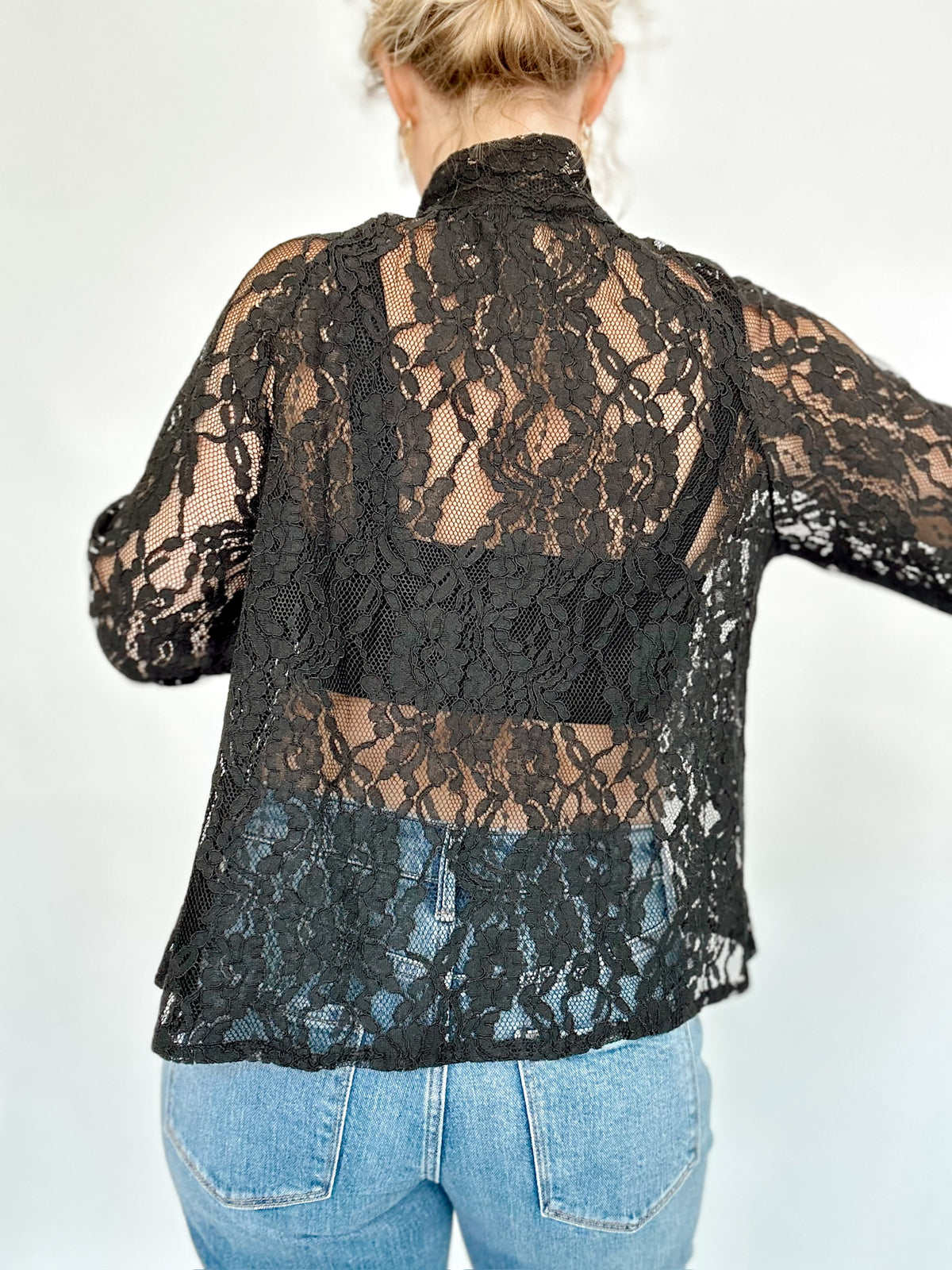 Juliet Sheer Lace Tie Neck Blouse Black