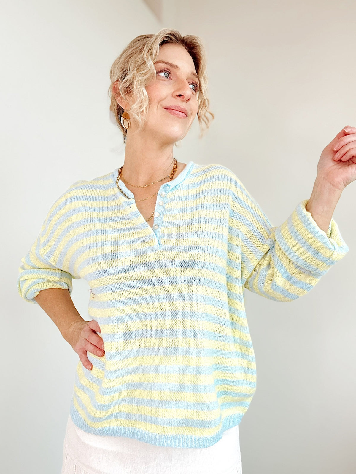 Rue Stripe Half Button Sweater Blue/Yellow