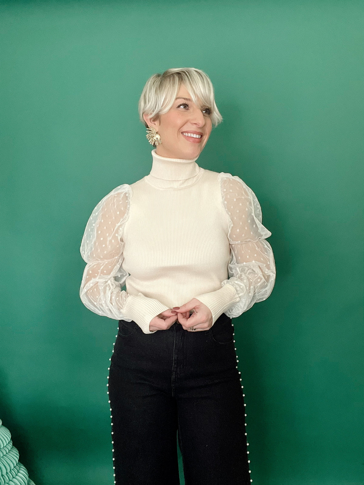 Essie Sheer Polka Dot Sleeve Turtle Neck Top