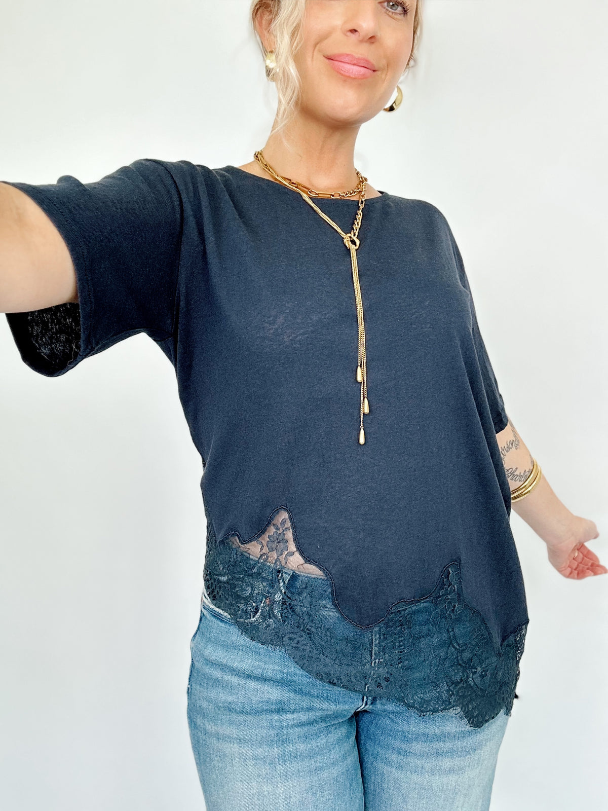 Kara Slub Knit Lace Hem Tee Navy