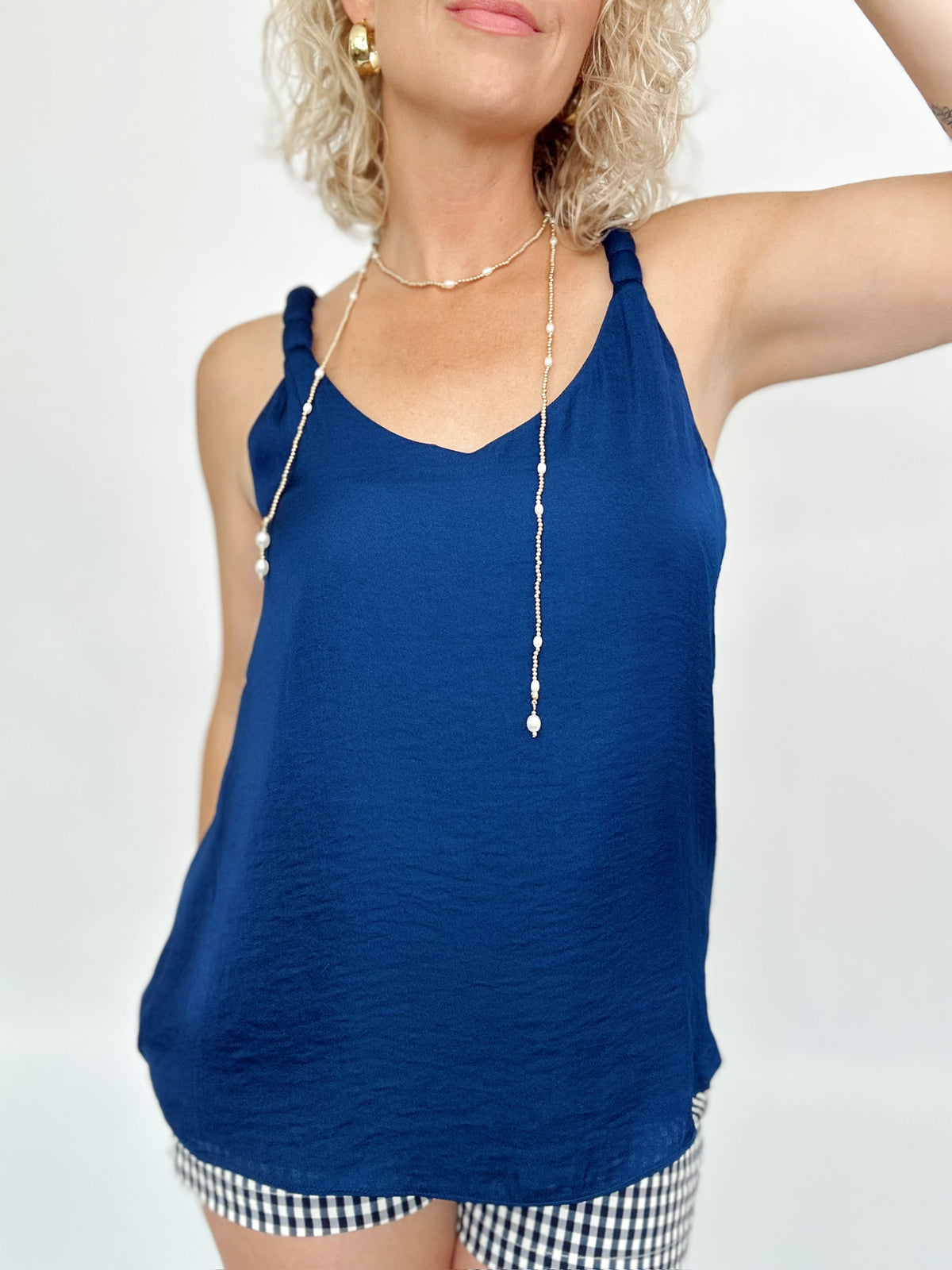 Gina V-neck Accent Strap Tank Navy