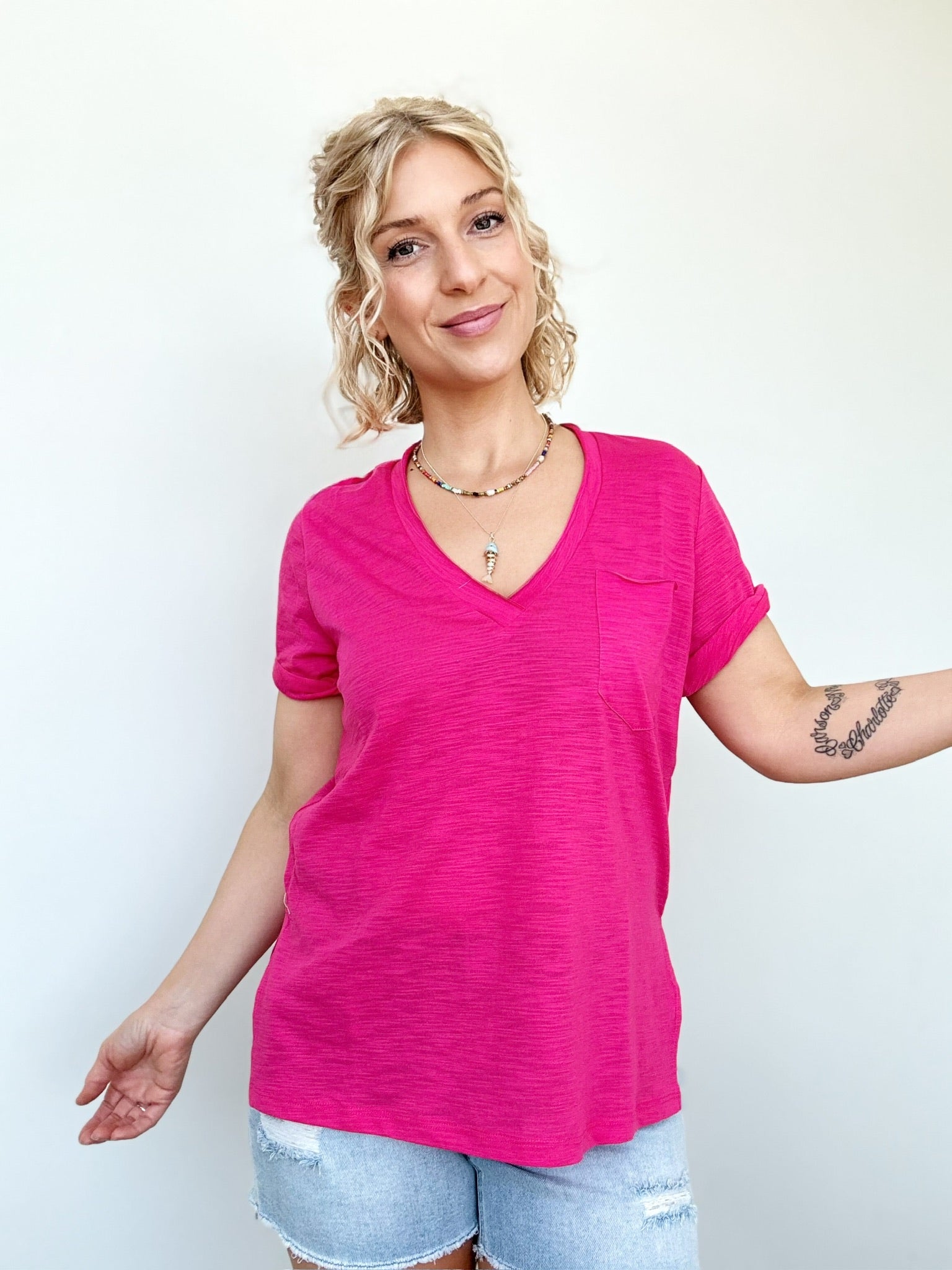 Sydney V-neck Short Sleeve Top Pink