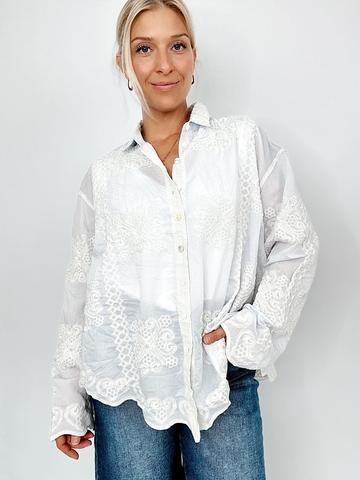 Lori Embroidery Long Sleeve Shirt Sky Blue