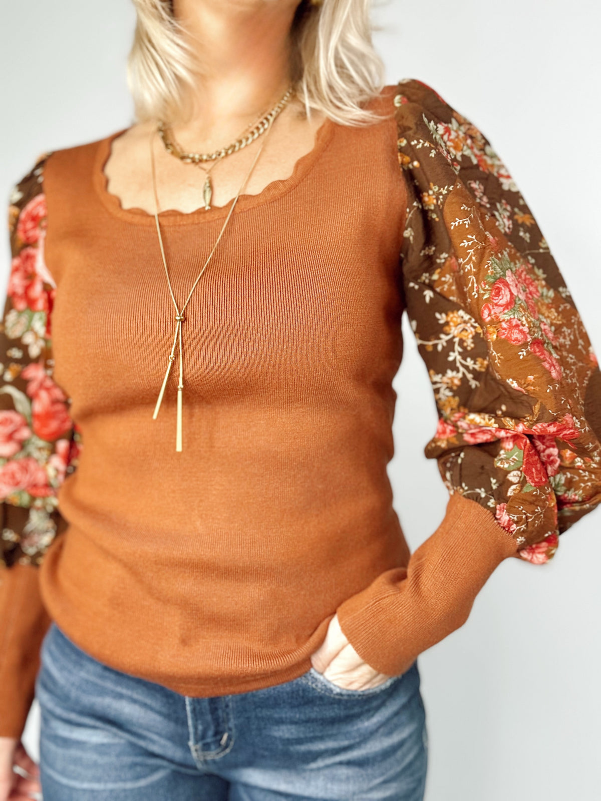 Gia Floral Chiffon Balloon Sleeves Knit Top