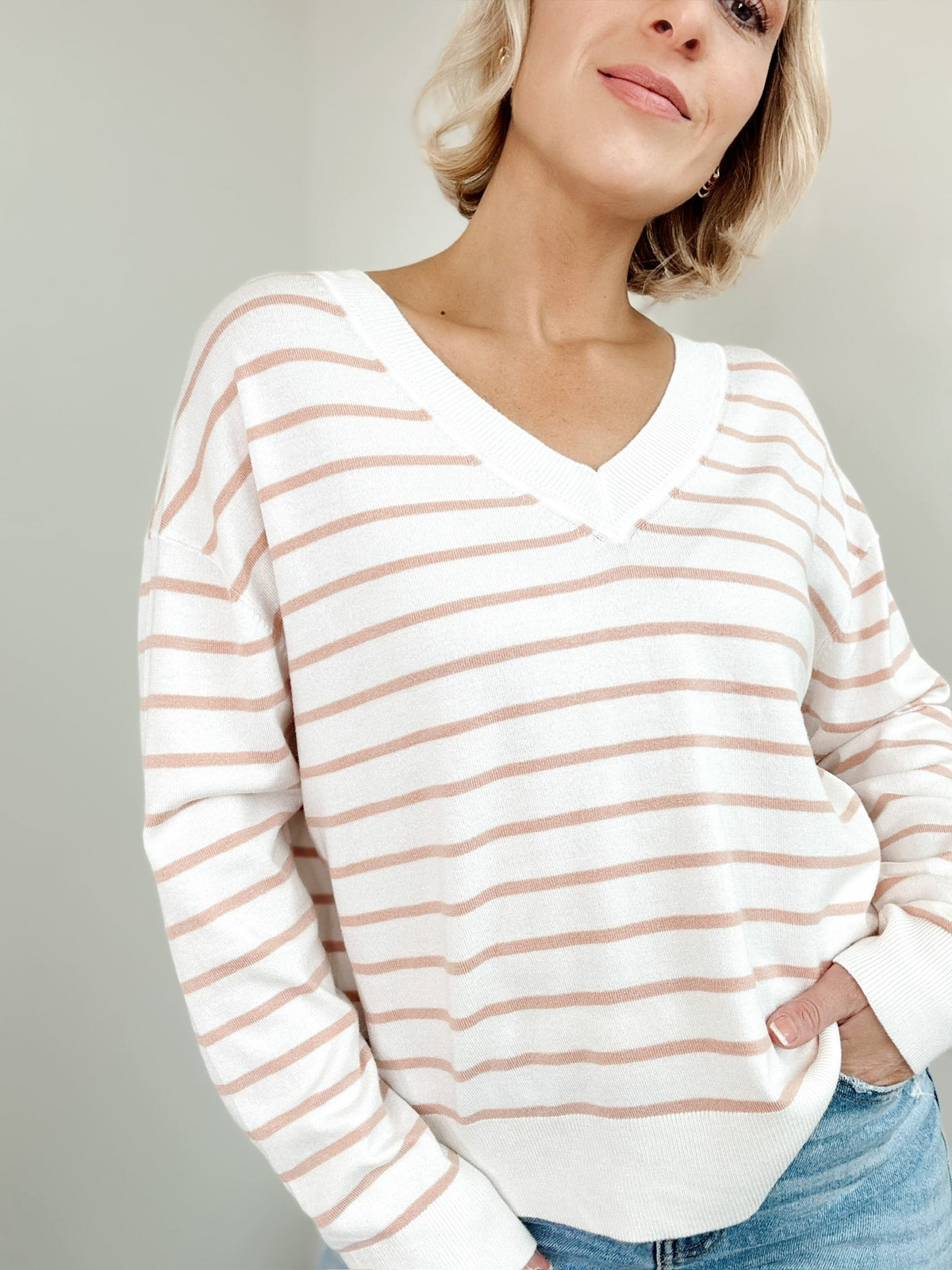 Lauren Striped V-Neck Sweater Peach