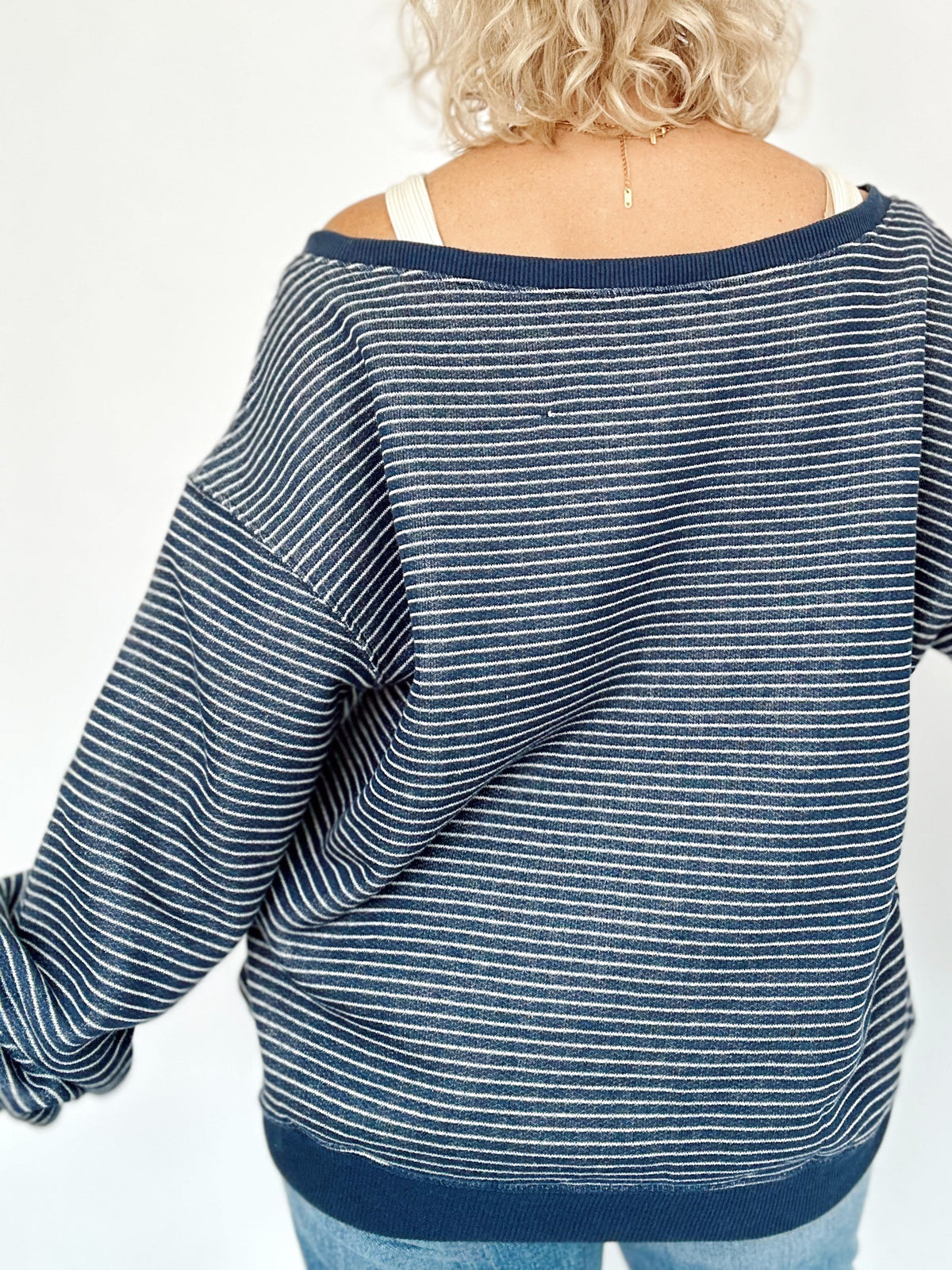 Jolene Striped Off The Shoulder Sweatshirt Navy