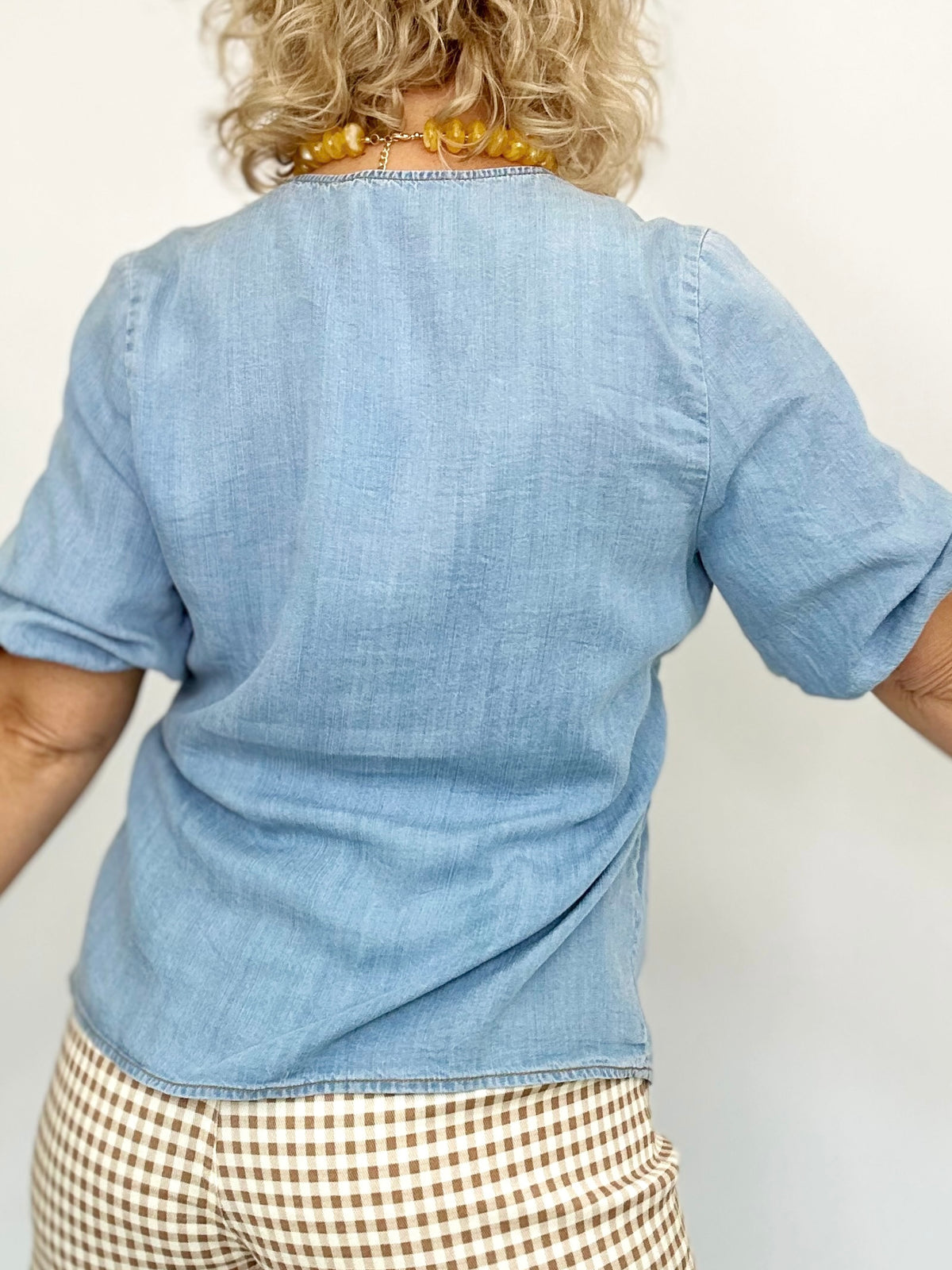 Kendall Bubble Sleeve Chambray Denim Top Light