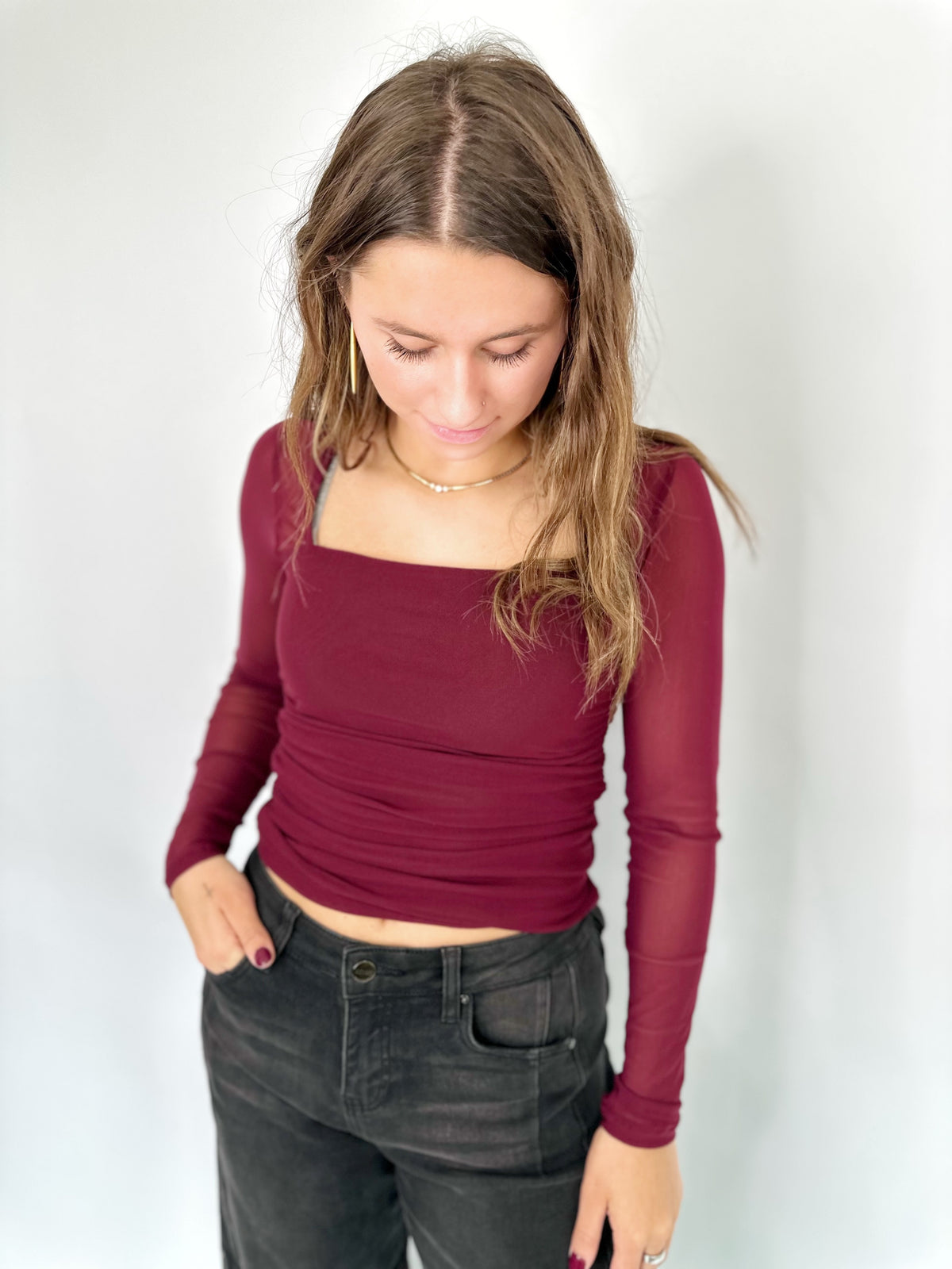 Sienna Ruched Square Neck Top Burgundy