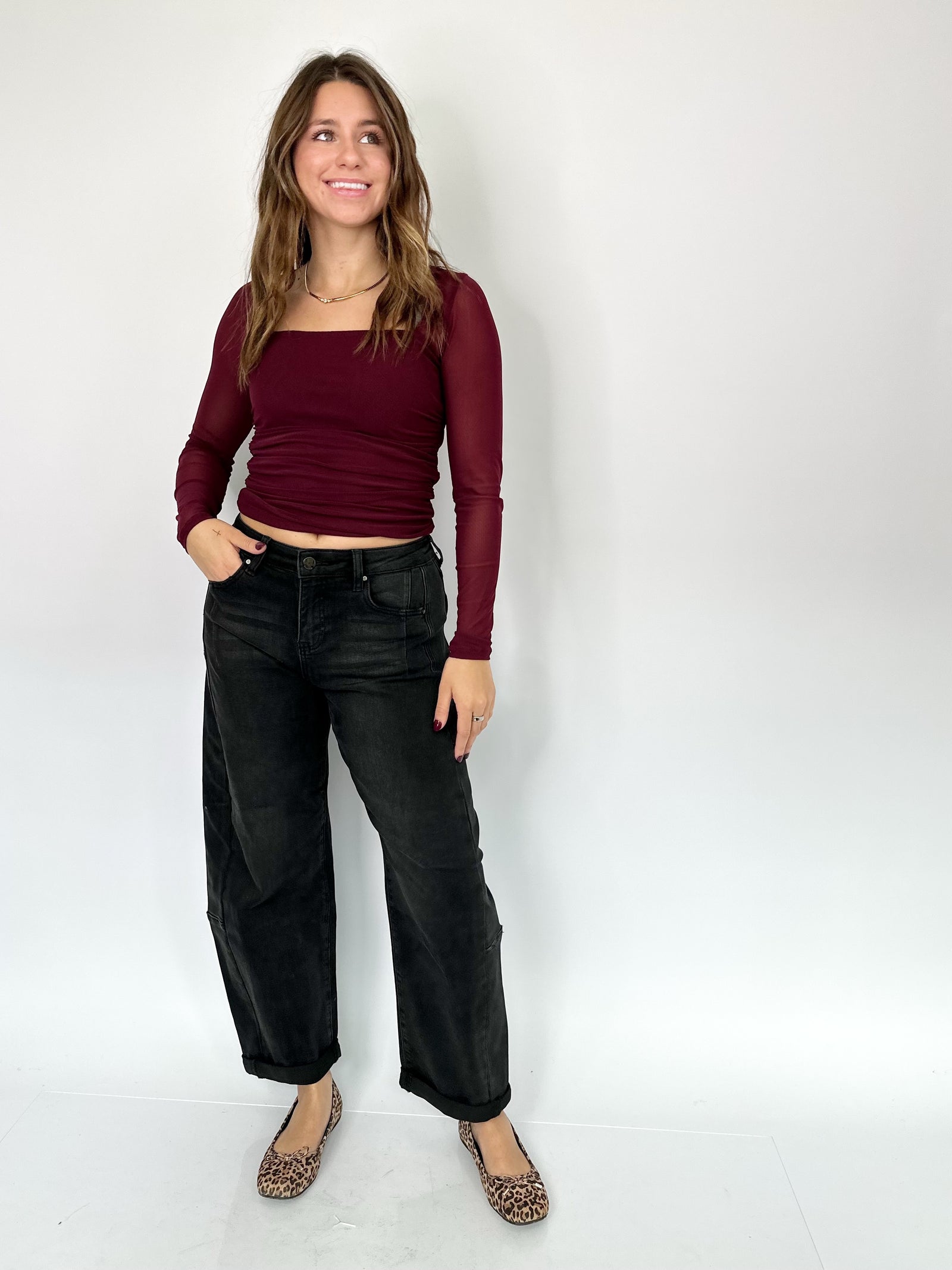 Sienna Ruched Square Neck Top Burgundy