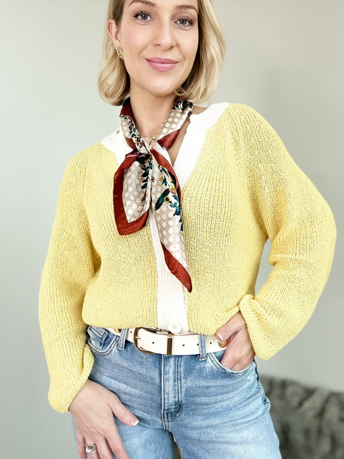 Lexie Contrast Cardigan Sweater Butter Yellow