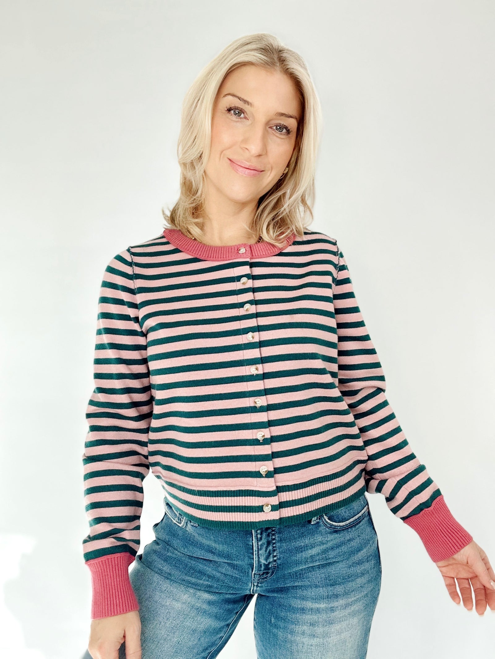 Faith Stripe Button Down Cardigan Forest Green/Rose