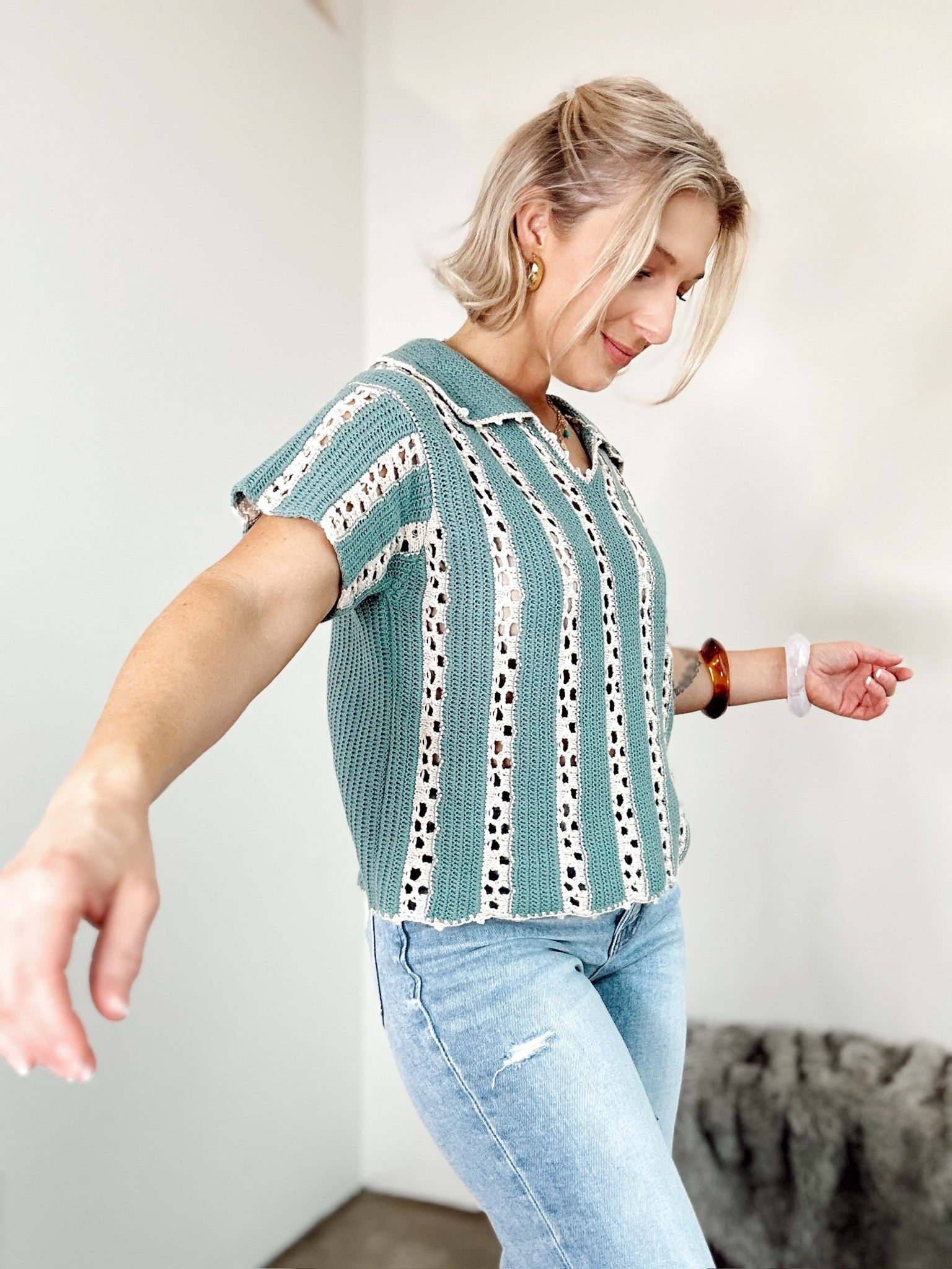 Talia Crochet Knit Top Jade