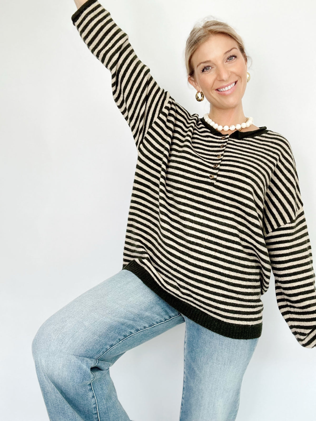 Mindee Henley Stripe Sweater Deep Brown