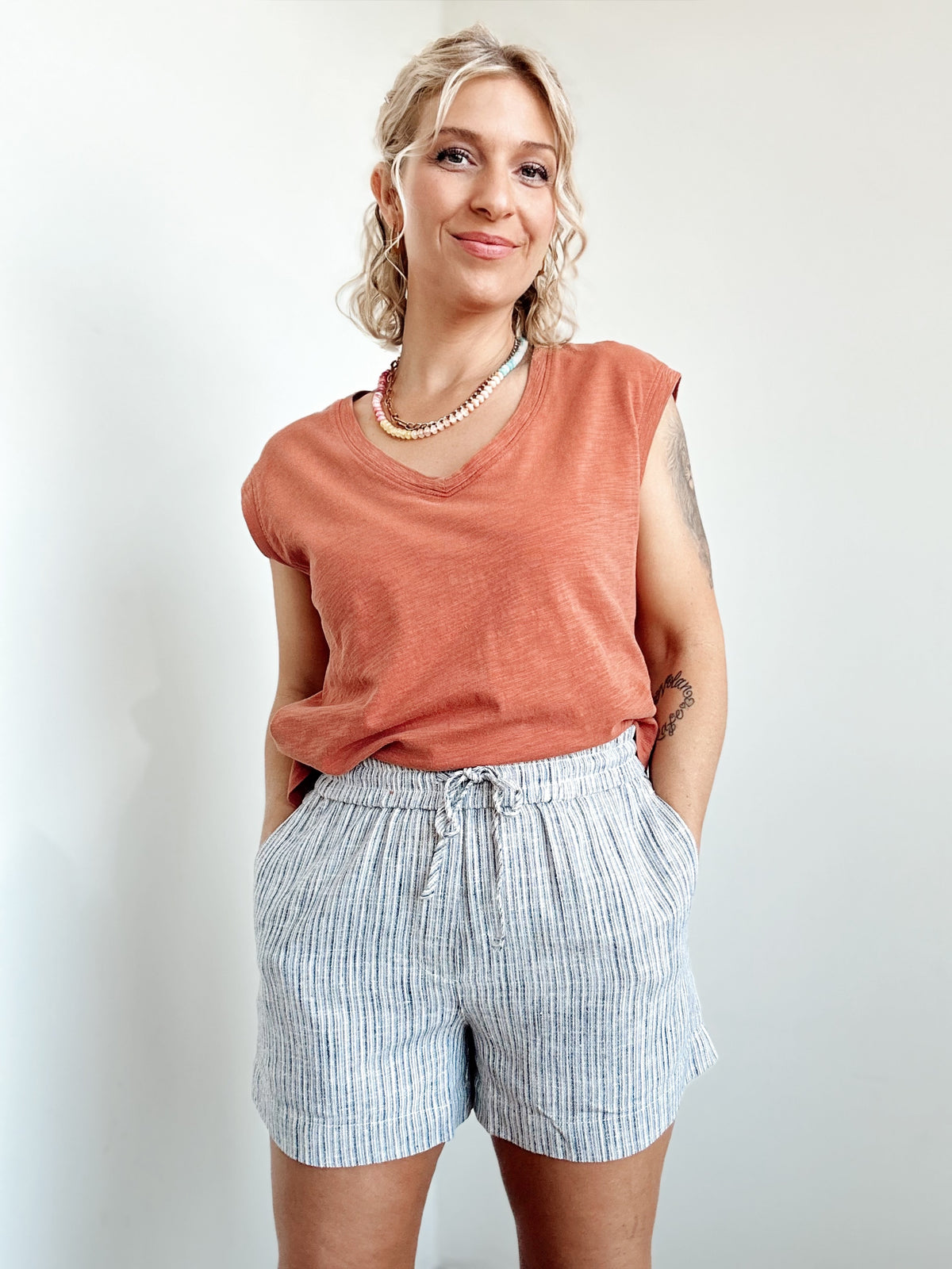 Desi Linen Blend Striped Shorts Slate