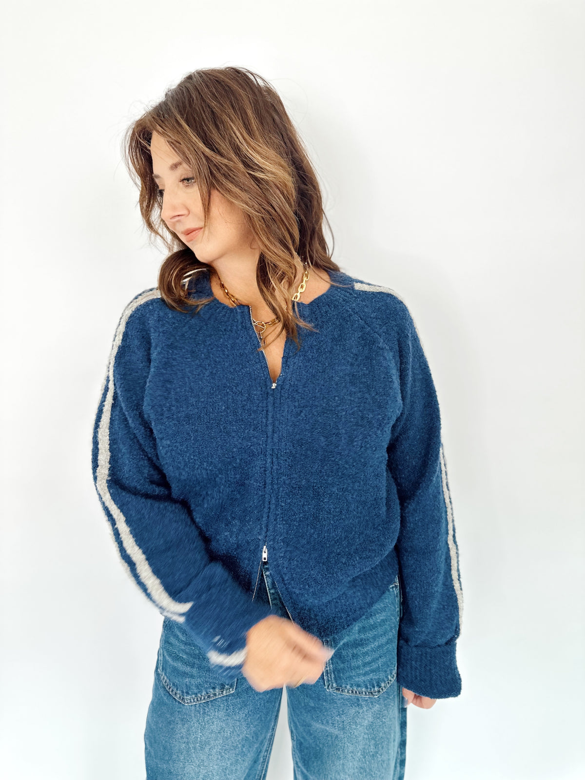 Reba Knit Sweater Zip-up Jacket Navy/H.Grey