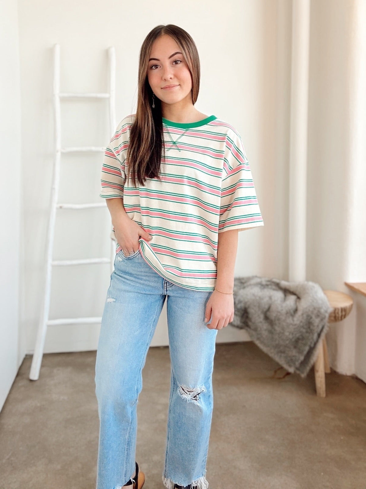 Thea Striped Relaxed Fit Knit Top Cream