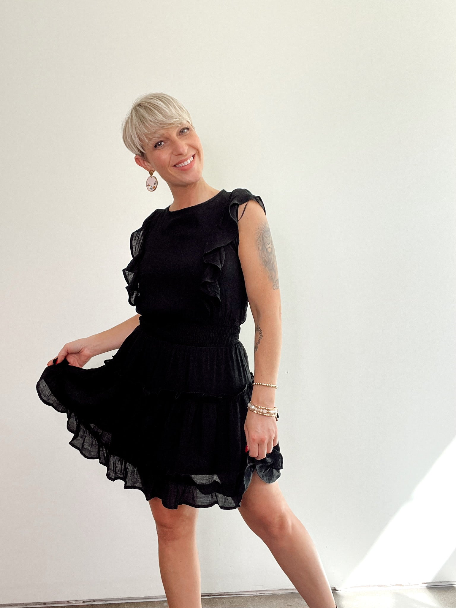 Anne Ruffled Mini Dress, Black