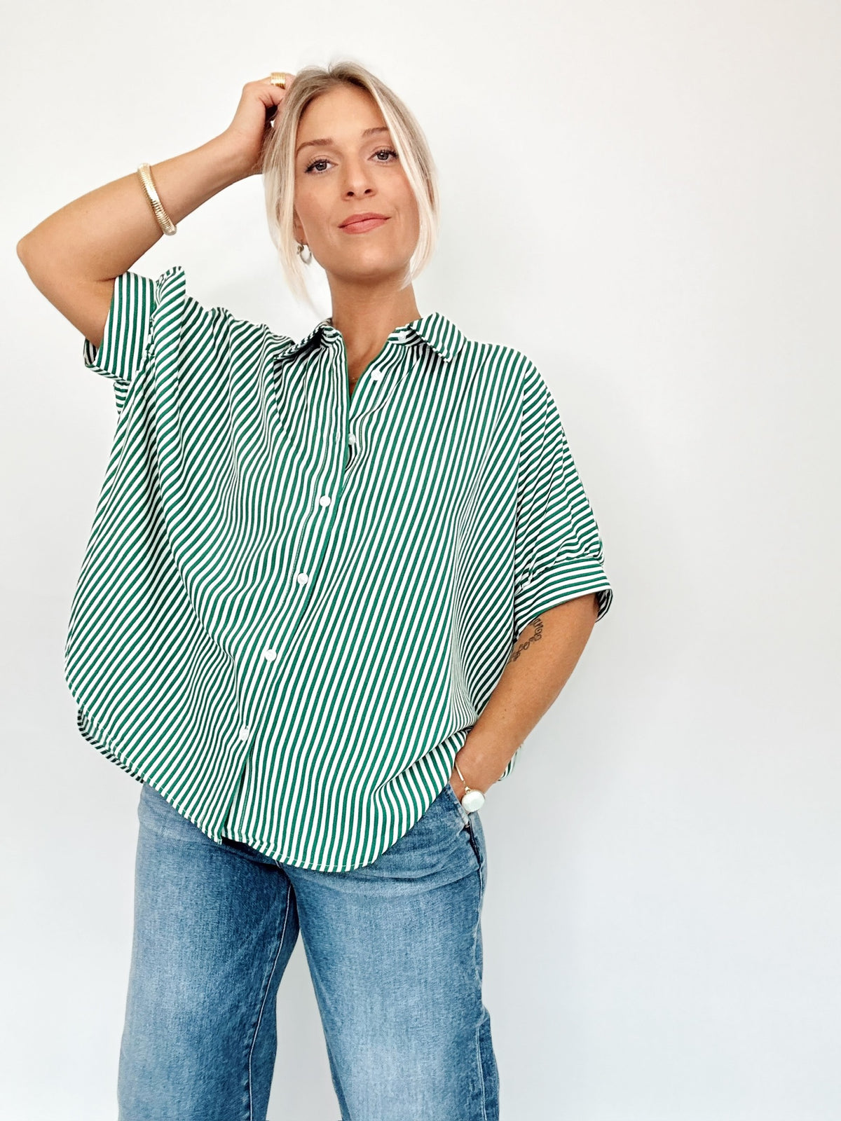 Ellen Button Down Stripe Shirt Green