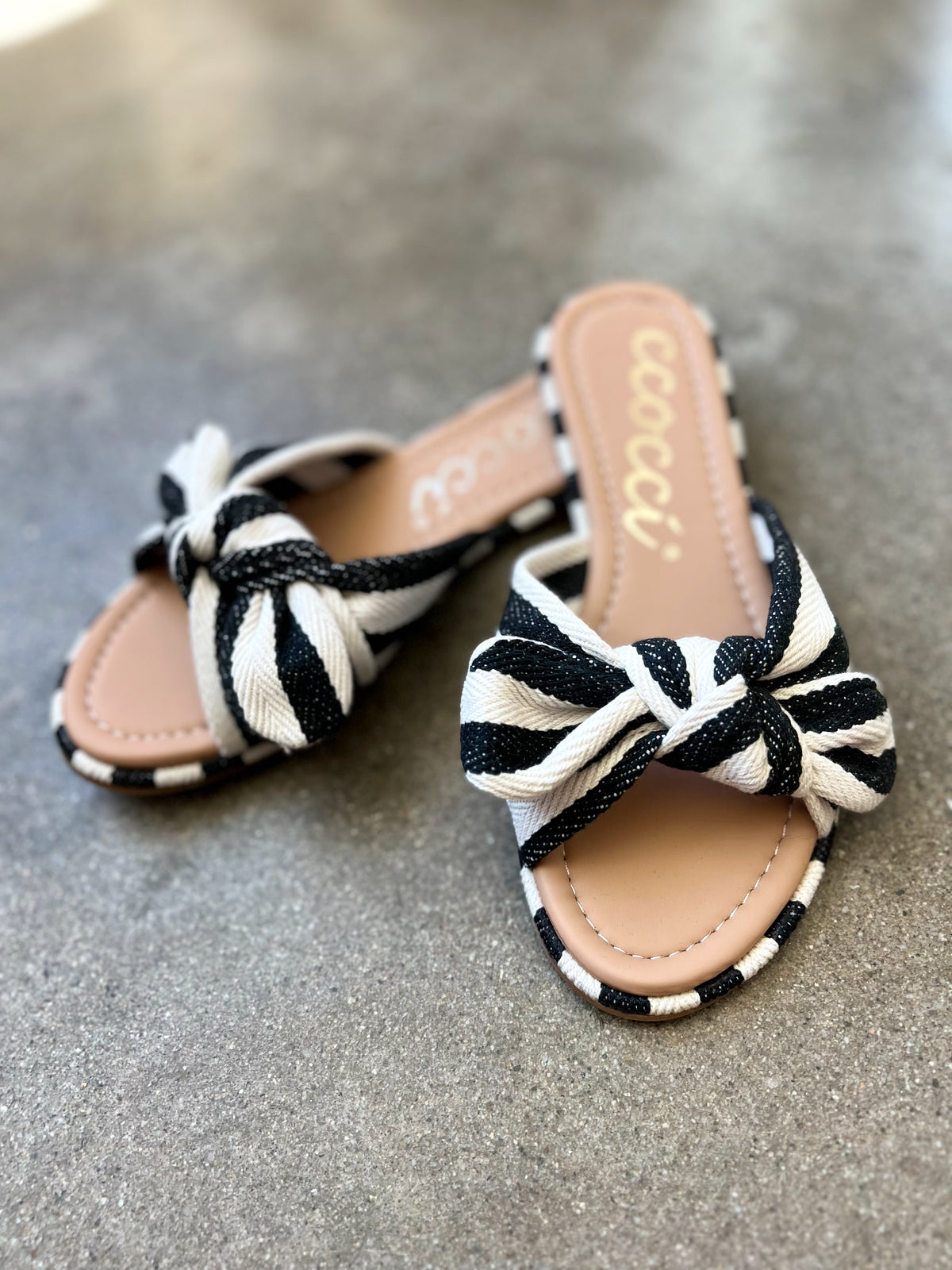 Rachael Striped Canvas Bow Sandal, Black