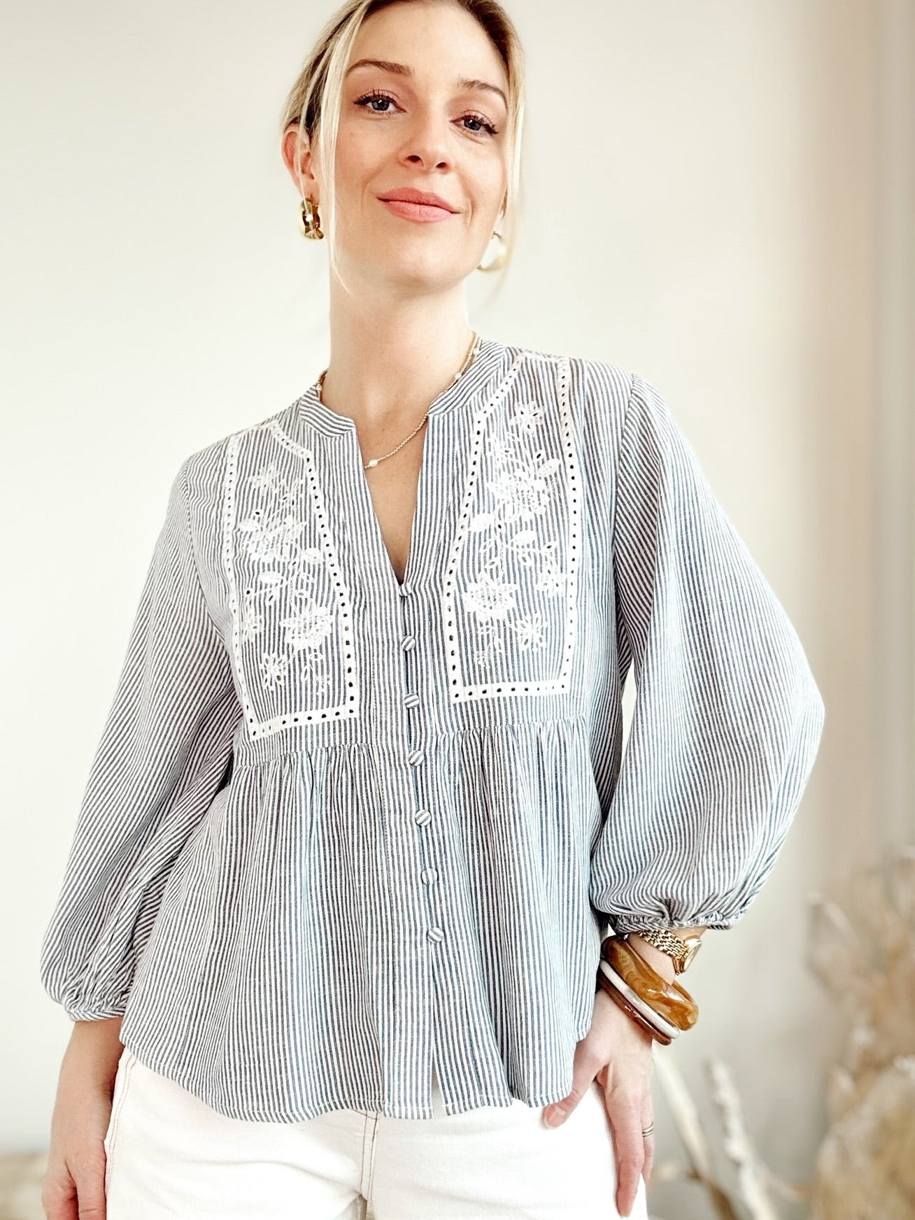Olivia Peasant Blouse Denim