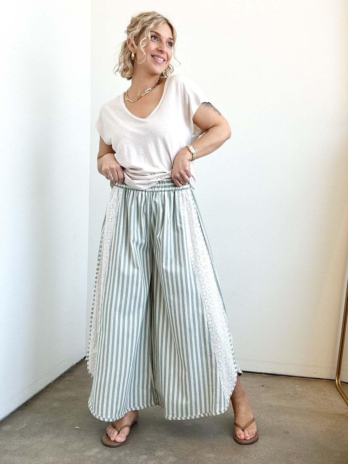 Becky Striped Wide Leg Pants Eucalyptus