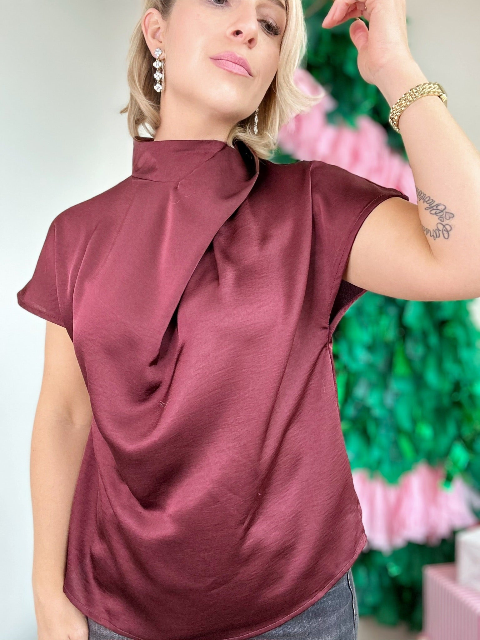 Whitlee Cross Mock Neck Top Wine