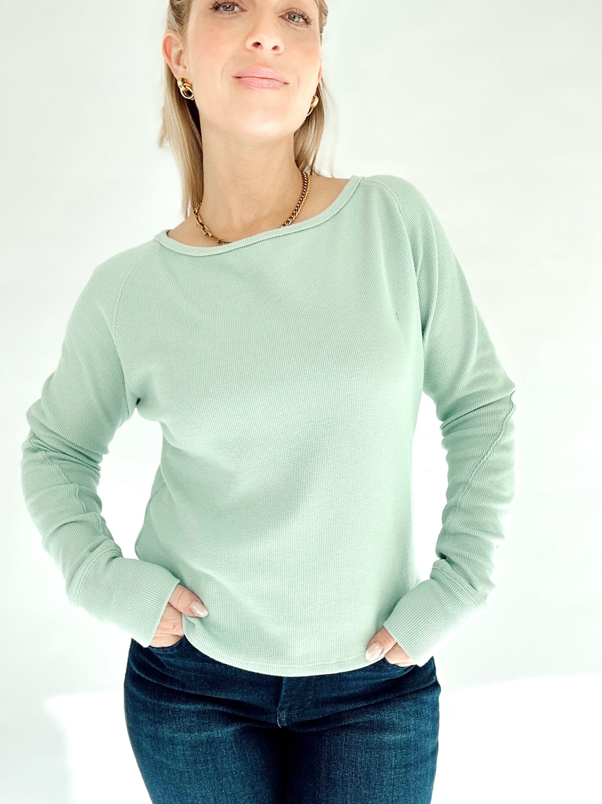Mindy Thermal Knit Long Sleeve Top Aqua Blue