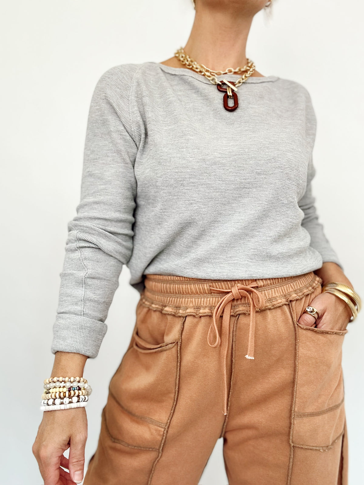Mindy Thermal Knit Long Sleeve Top Heather Gray