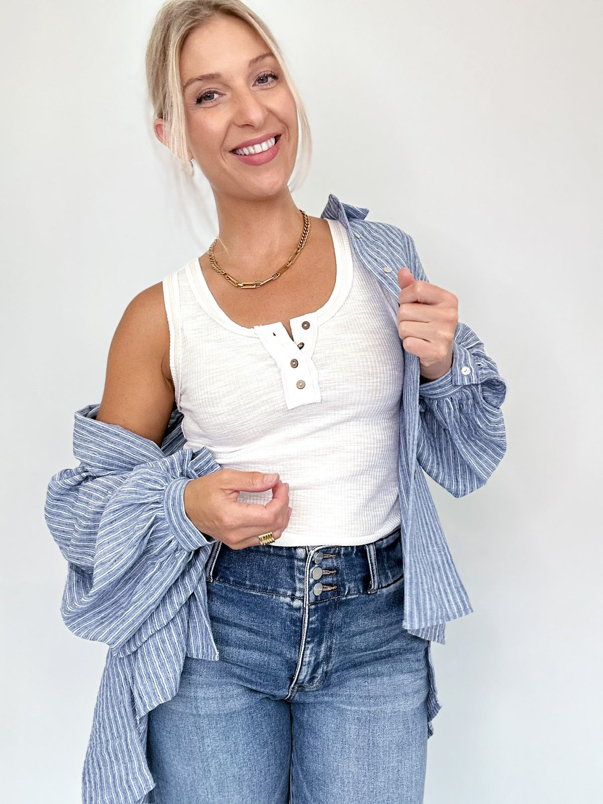 Macie Balloon Sleeve Stripe Shirt Blue